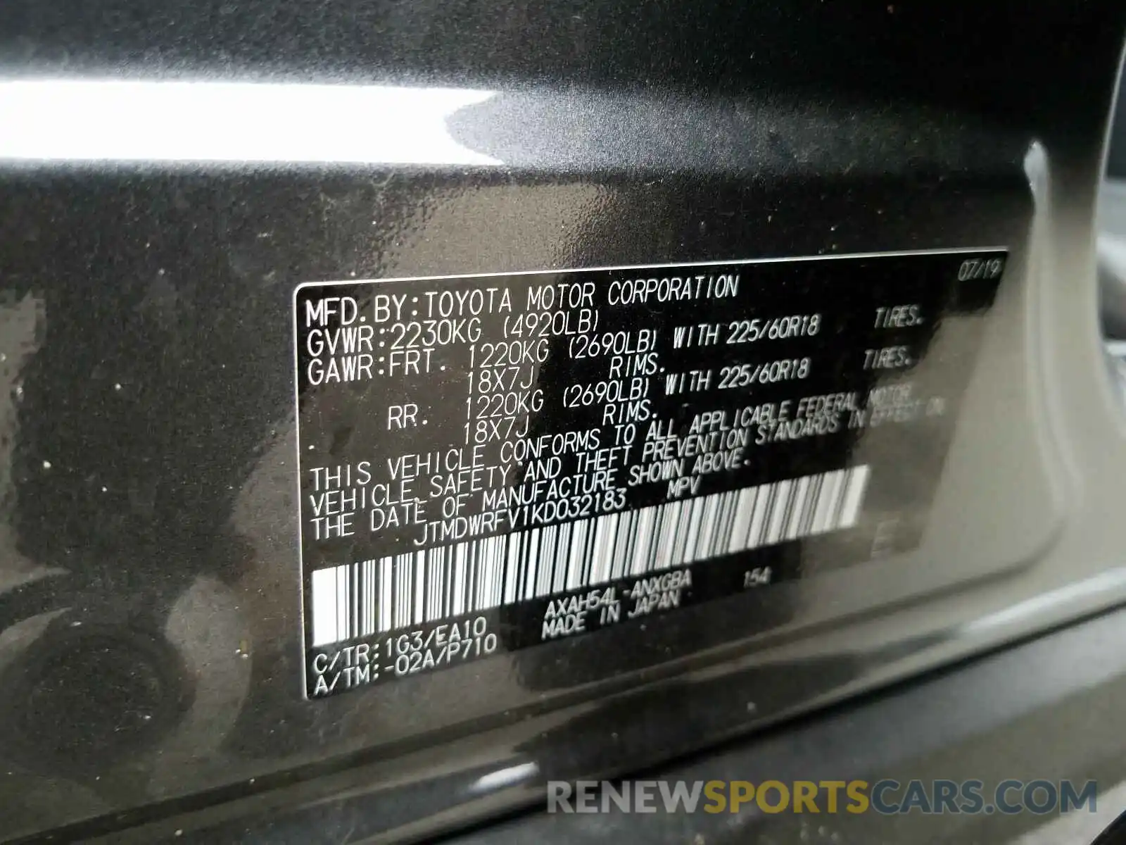 10 Фотография поврежденного автомобиля JTMDWRFV1KD032183 TOYOTA RAV4 2019