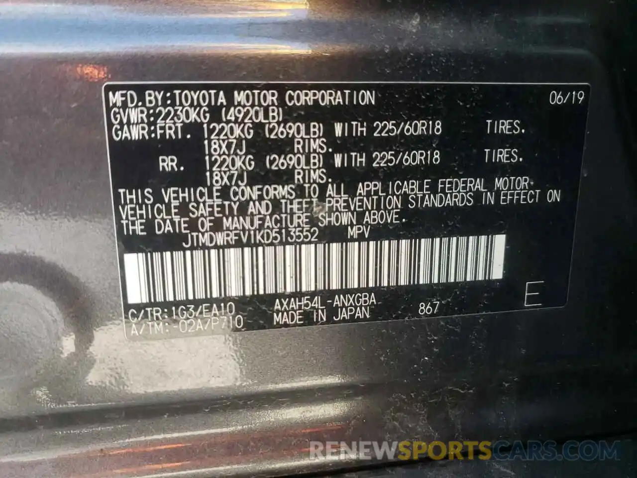 10 Фотография поврежденного автомобиля JTMDWRFV1KD513552 TOYOTA RAV4 2019