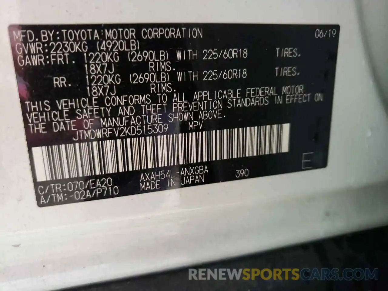 10 Фотография поврежденного автомобиля JTMDWRFV2KD515309 TOYOTA RAV4 2019