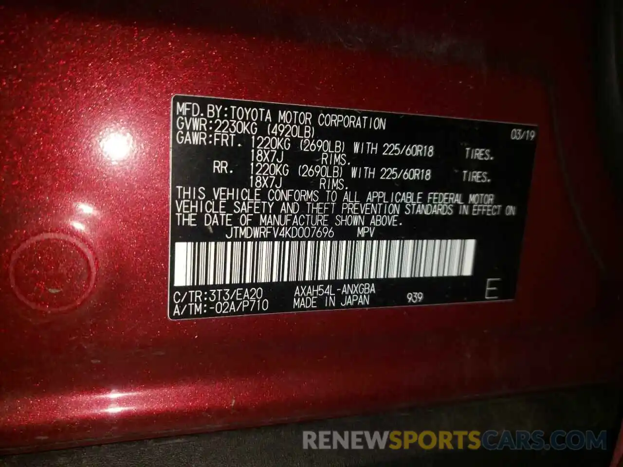 10 Фотография поврежденного автомобиля JTMDWRFV4KD007696 TOYOTA RAV4 2019