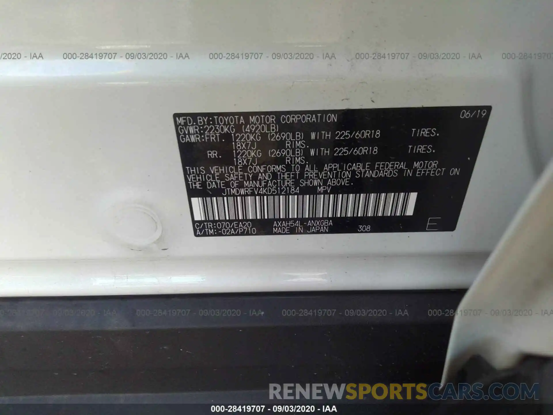 9 Фотография поврежденного автомобиля JTMDWRFV4KD512184 TOYOTA RAV4 2019