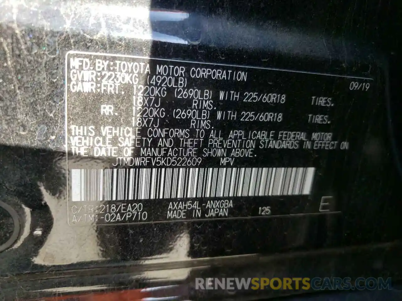 10 Фотография поврежденного автомобиля JTMDWRFV5KD522609 TOYOTA RAV4 2019