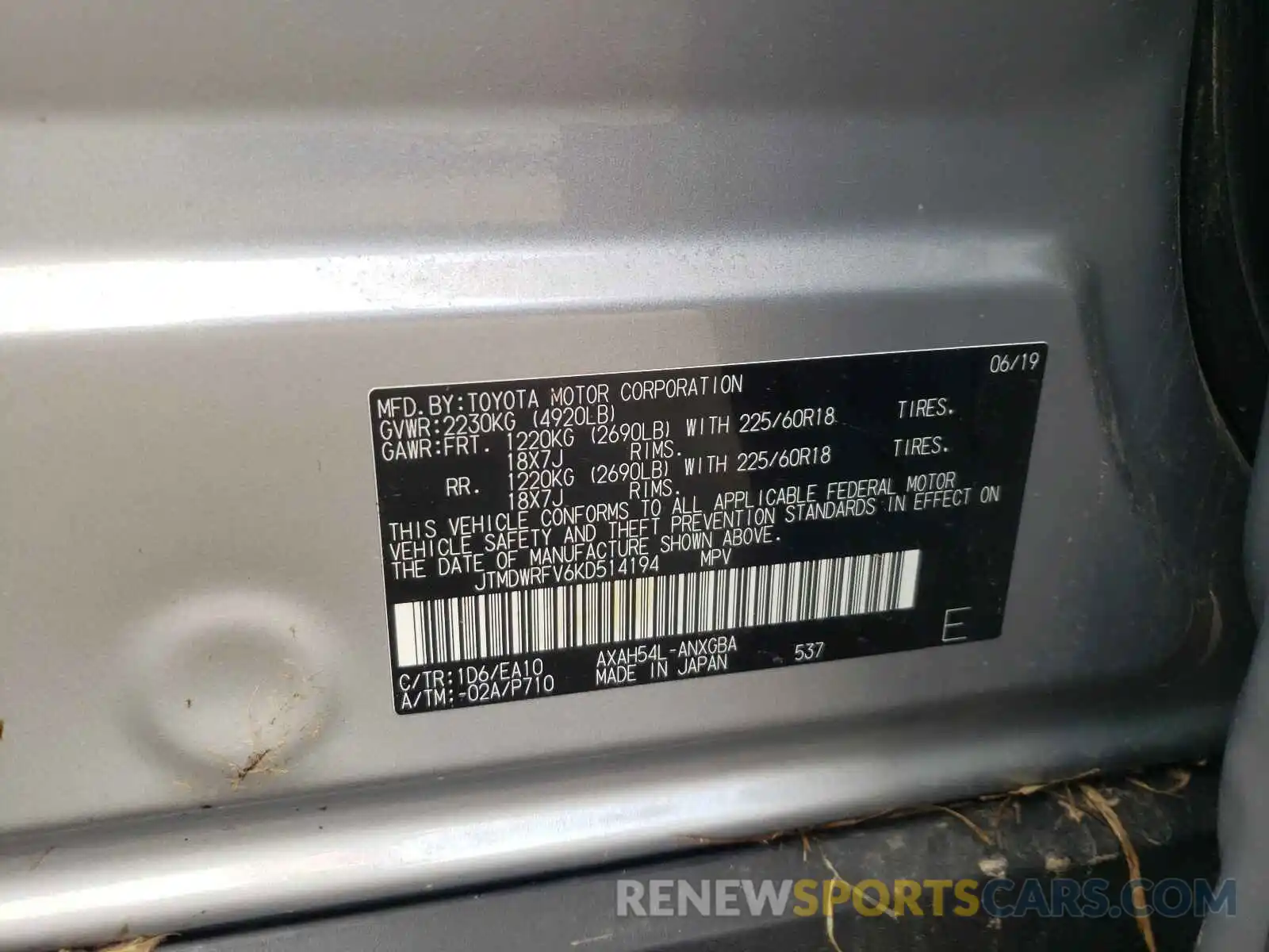 10 Фотография поврежденного автомобиля JTMDWRFV6KD514194 TOYOTA RAV4 2019