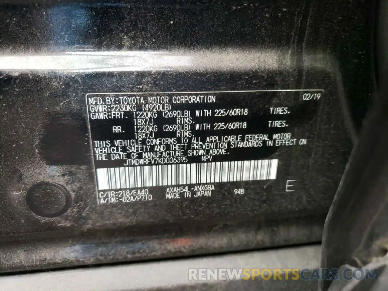 10 Фотография поврежденного автомобиля JTMDWRFV7KD006395 TOYOTA RAV4 2019