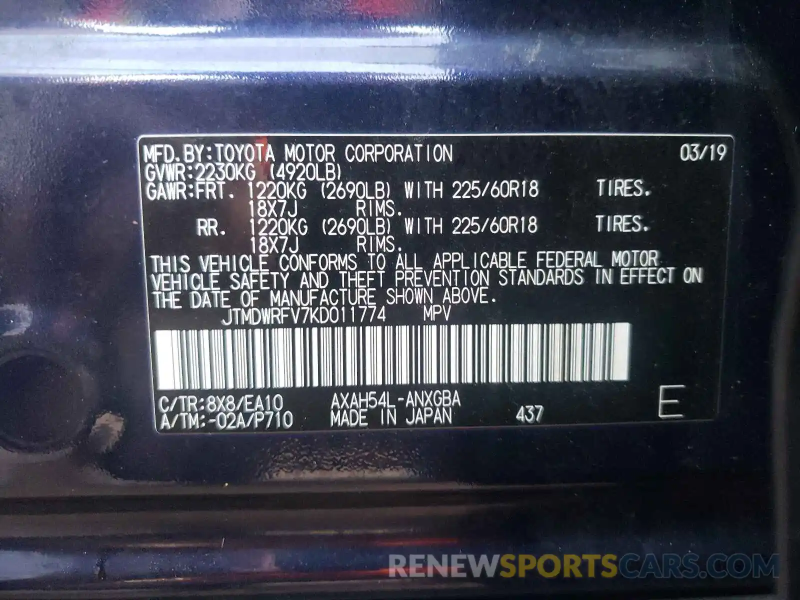 10 Фотография поврежденного автомобиля JTMDWRFV7KD011774 TOYOTA RAV4 2019