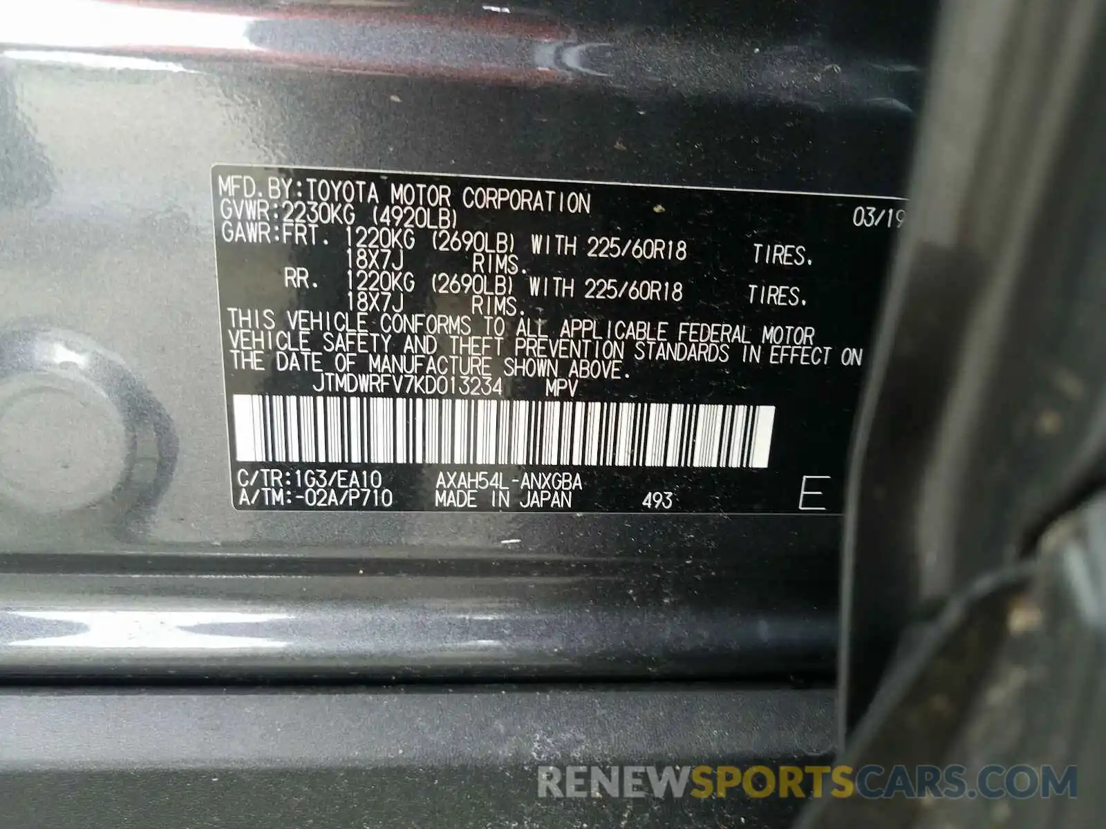 10 Фотография поврежденного автомобиля JTMDWRFV7KD013234 TOYOTA RAV4 2019