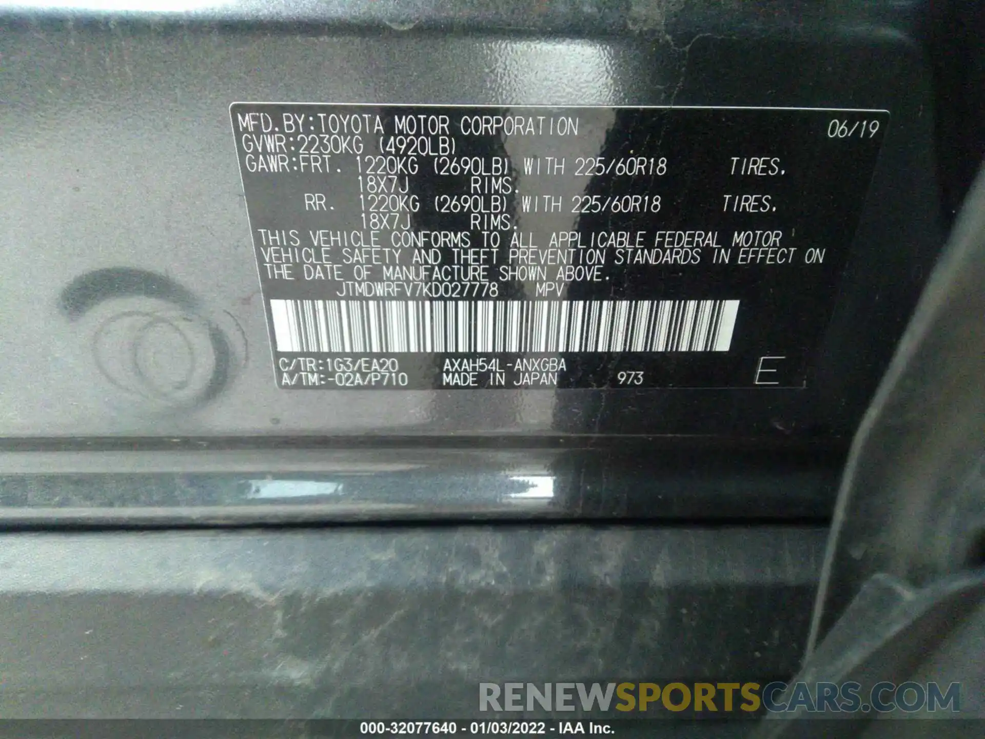 9 Фотография поврежденного автомобиля JTMDWRFV7KD027778 TOYOTA RAV4 2019