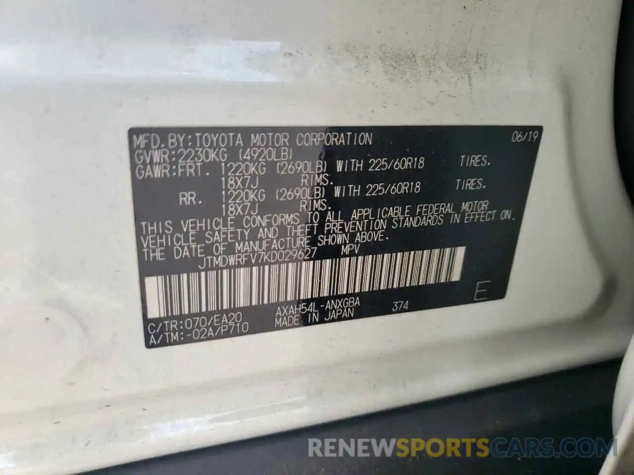 10 Фотография поврежденного автомобиля JTMDWRFV7KD029627 TOYOTA RAV4 2019