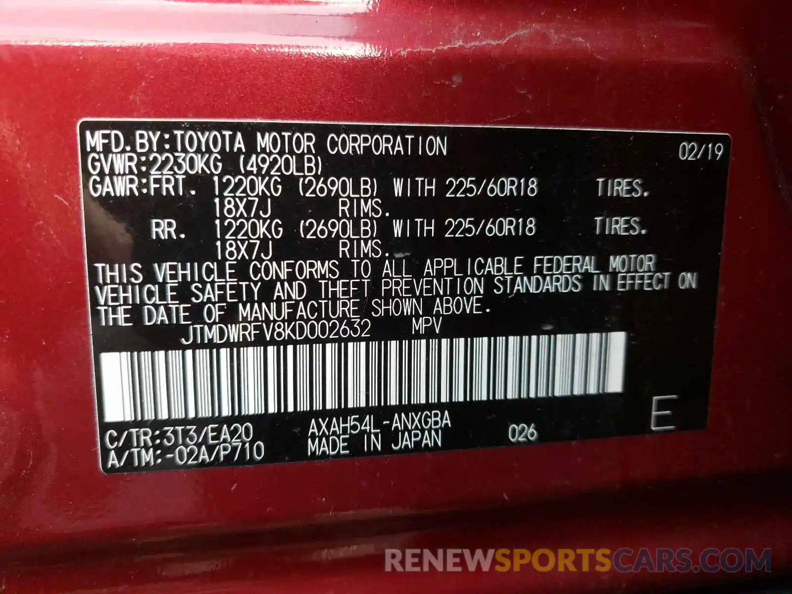 10 Фотография поврежденного автомобиля JTMDWRFV8KD002632 TOYOTA RAV4 2019