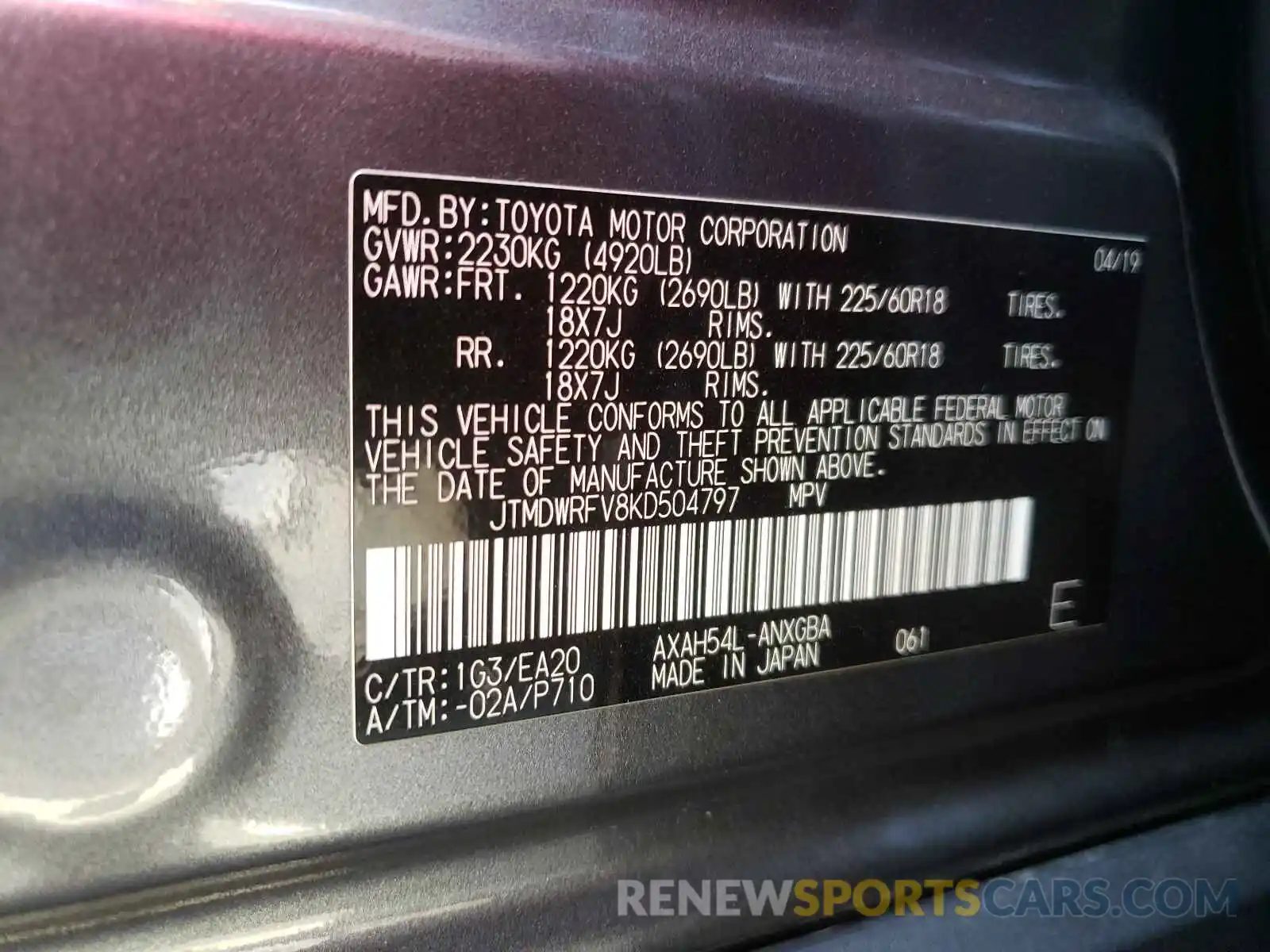 10 Фотография поврежденного автомобиля JTMDWRFV8KD504797 TOYOTA RAV4 2019