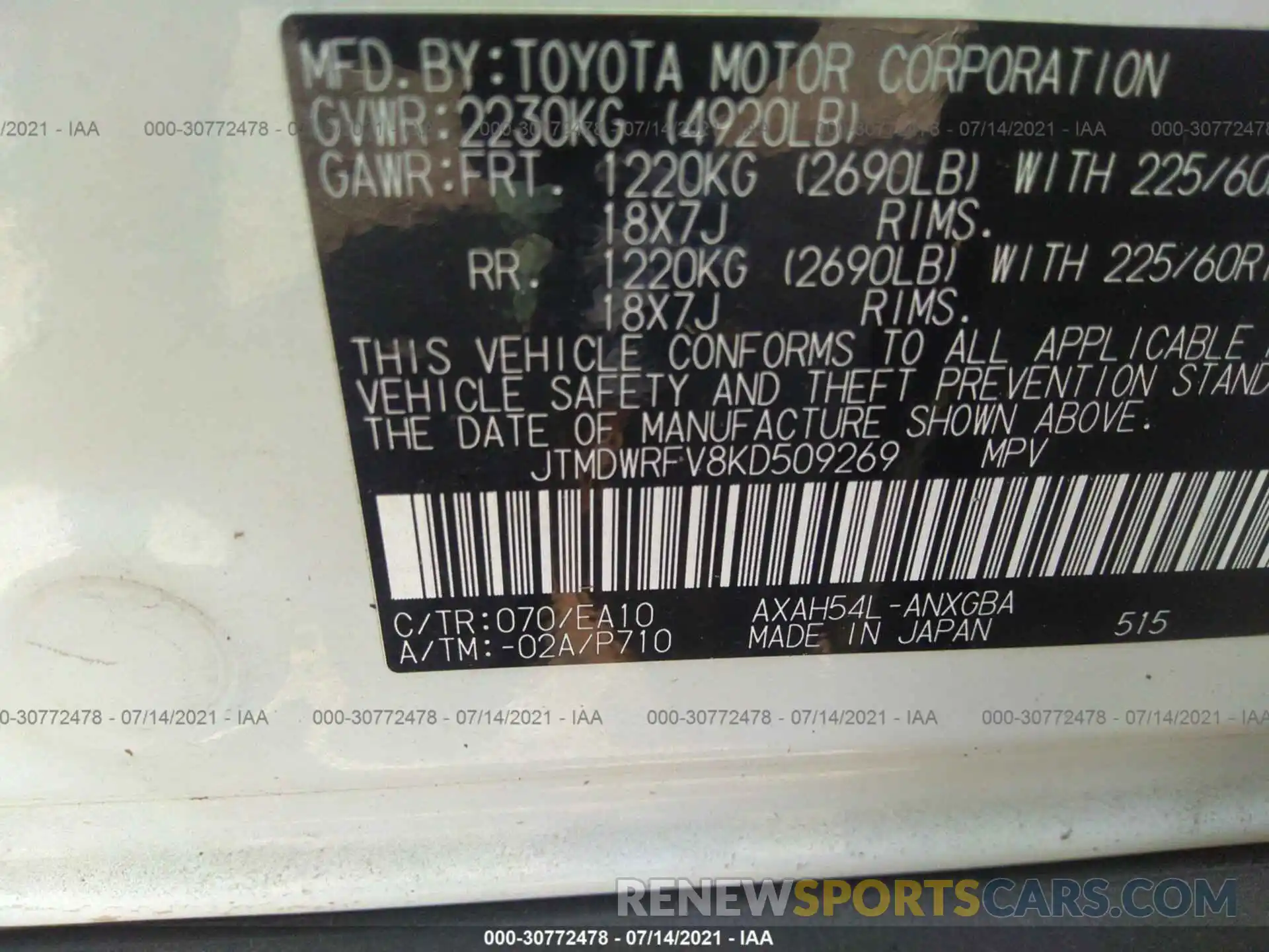 9 Фотография поврежденного автомобиля JTMDWRFV8KD509269 TOYOTA RAV4 2019