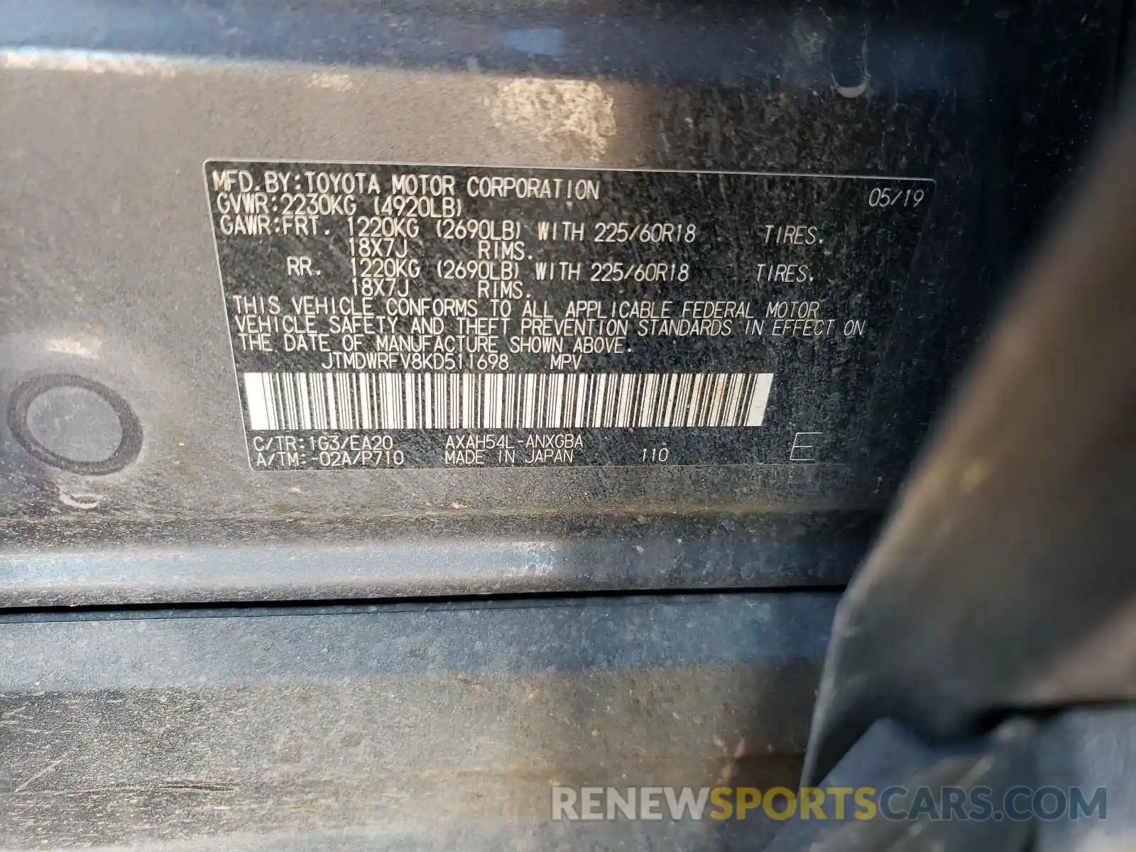 10 Photograph of a damaged car JTMDWRFV8KD511698 TOYOTA RAV4 2019