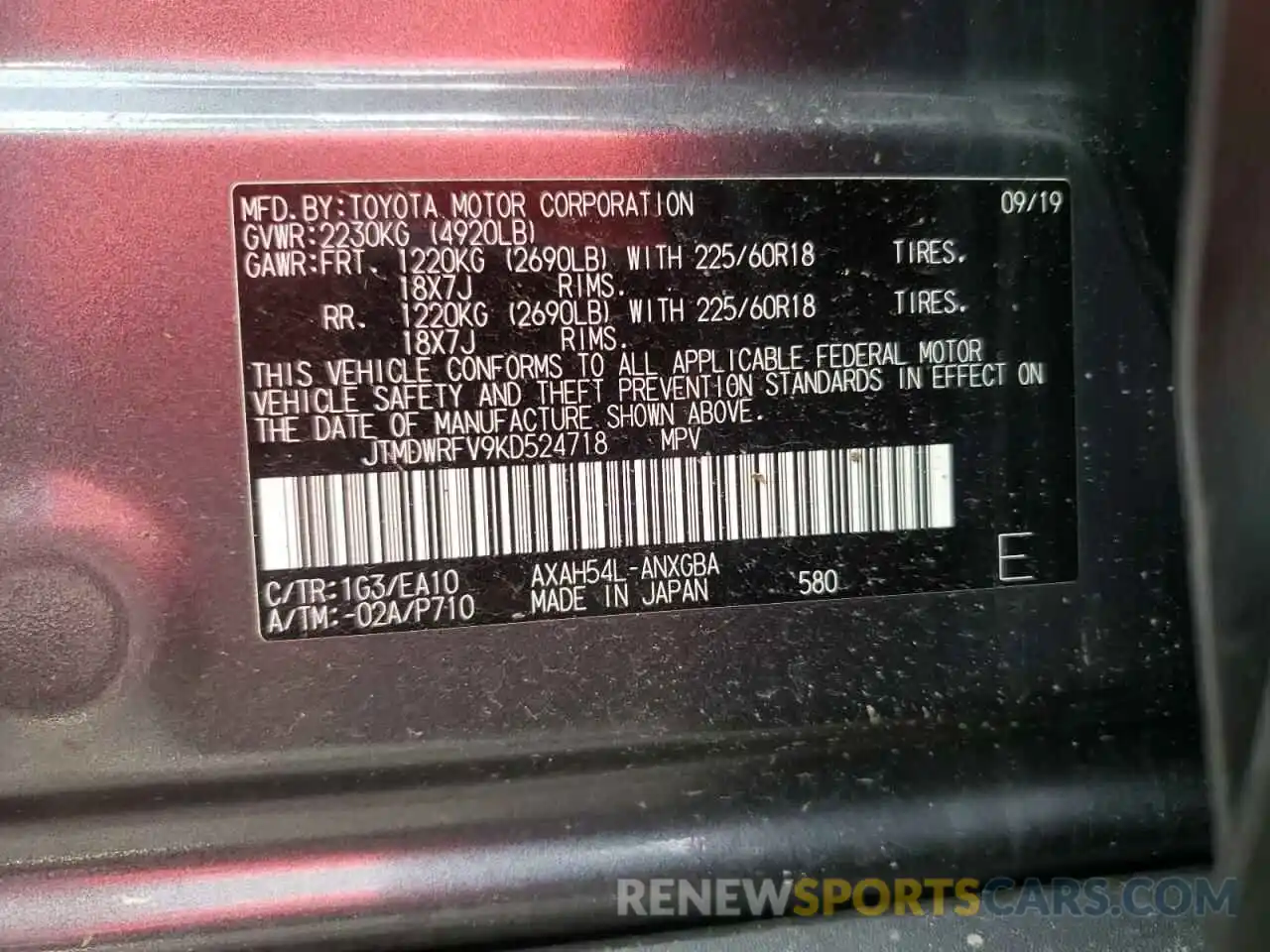 10 Фотография поврежденного автомобиля JTMDWRFV9KD524718 TOYOTA RAV4 2019