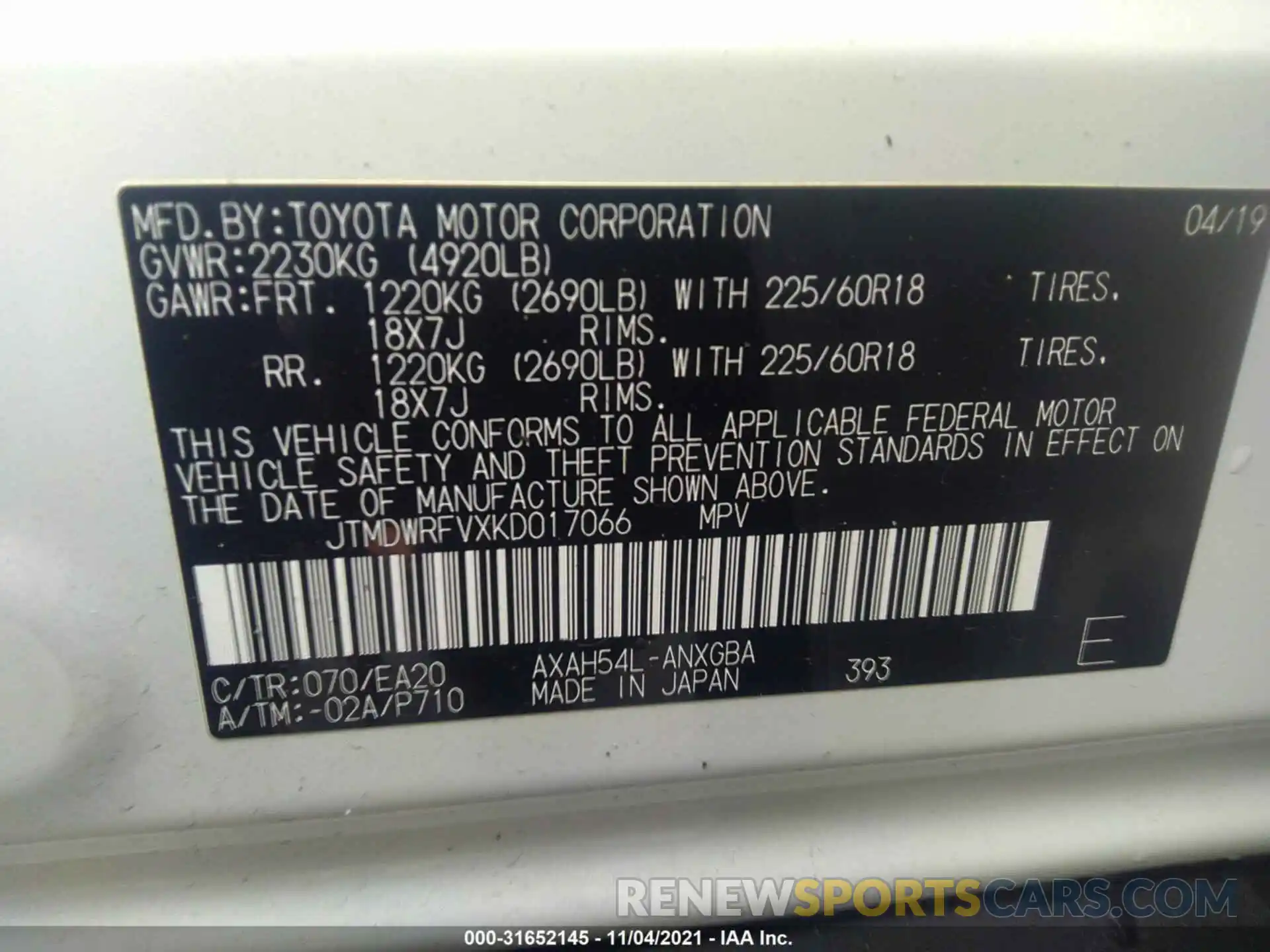 9 Фотография поврежденного автомобиля JTMDWRFVXKD017066 TOYOTA RAV4 2019