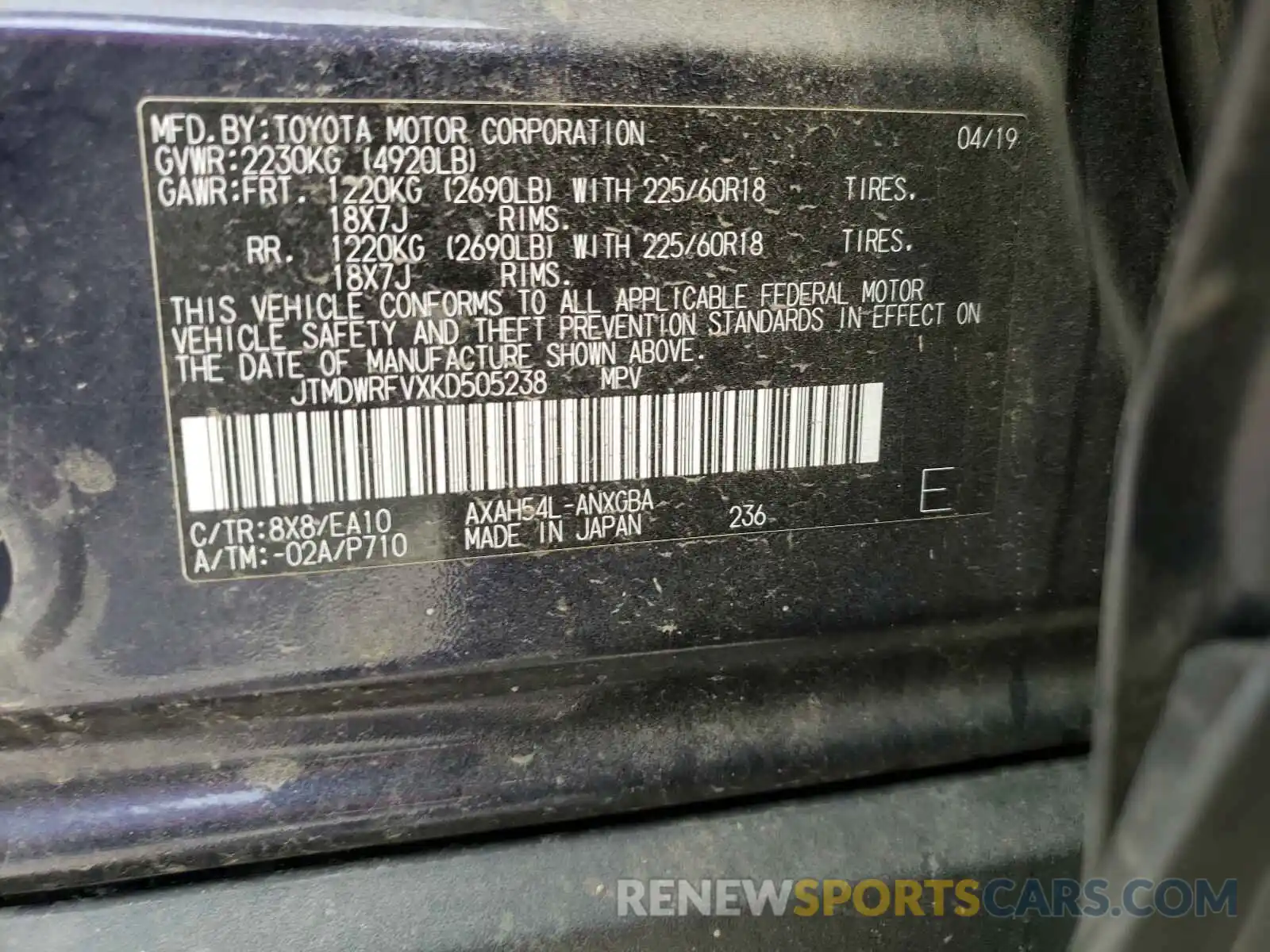 10 Фотография поврежденного автомобиля JTMDWRFVXKD505238 TOYOTA RAV4 2019