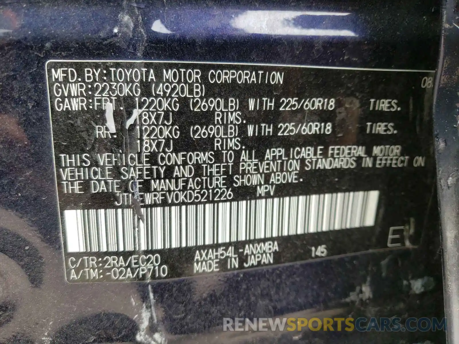 10 Фотография поврежденного автомобиля JTMEWRFV0KD521226 TOYOTA RAV4 2019