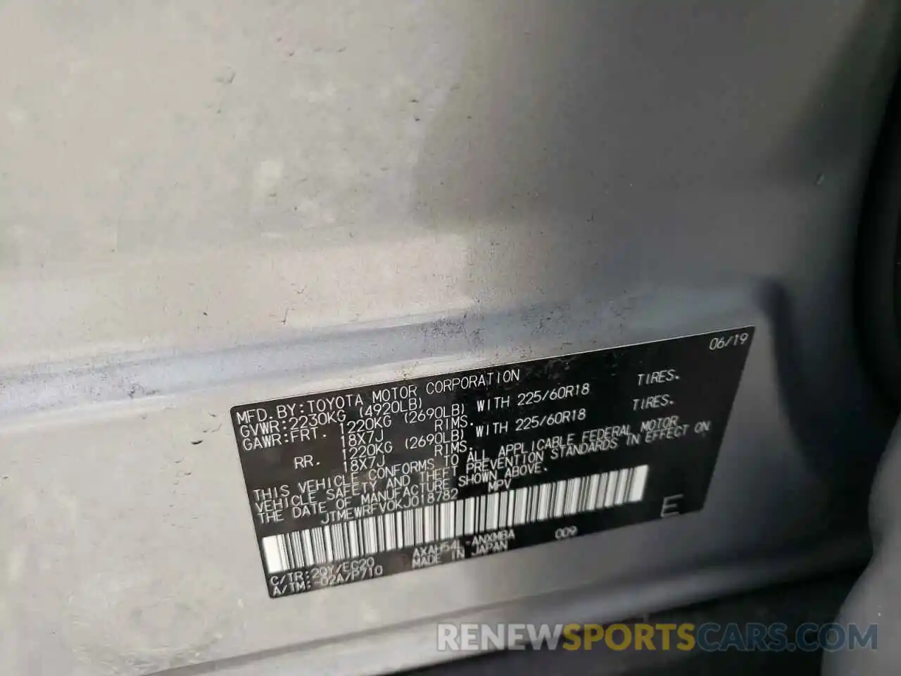 10 Photograph of a damaged car JTMEWRFV0KJ018782 TOYOTA RAV4 2019