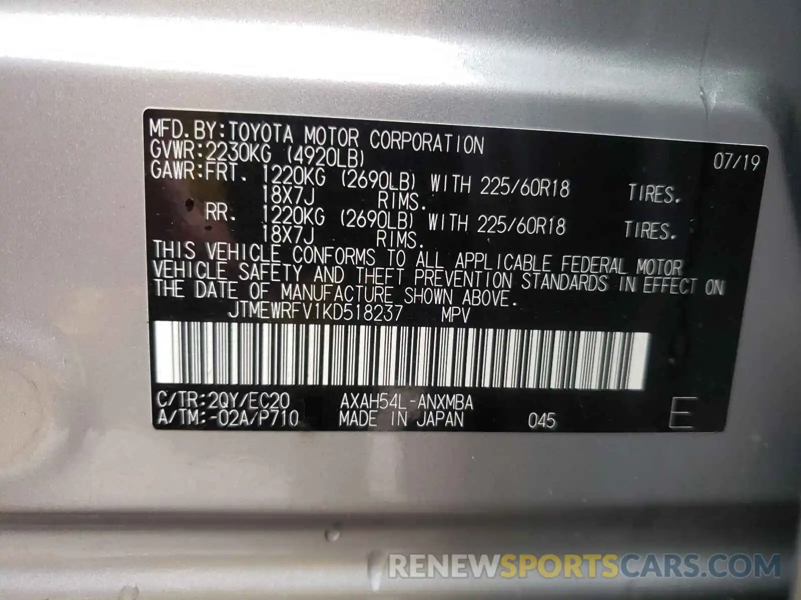 10 Photograph of a damaged car JTMEWRFV1KD518237 TOYOTA RAV4 2019