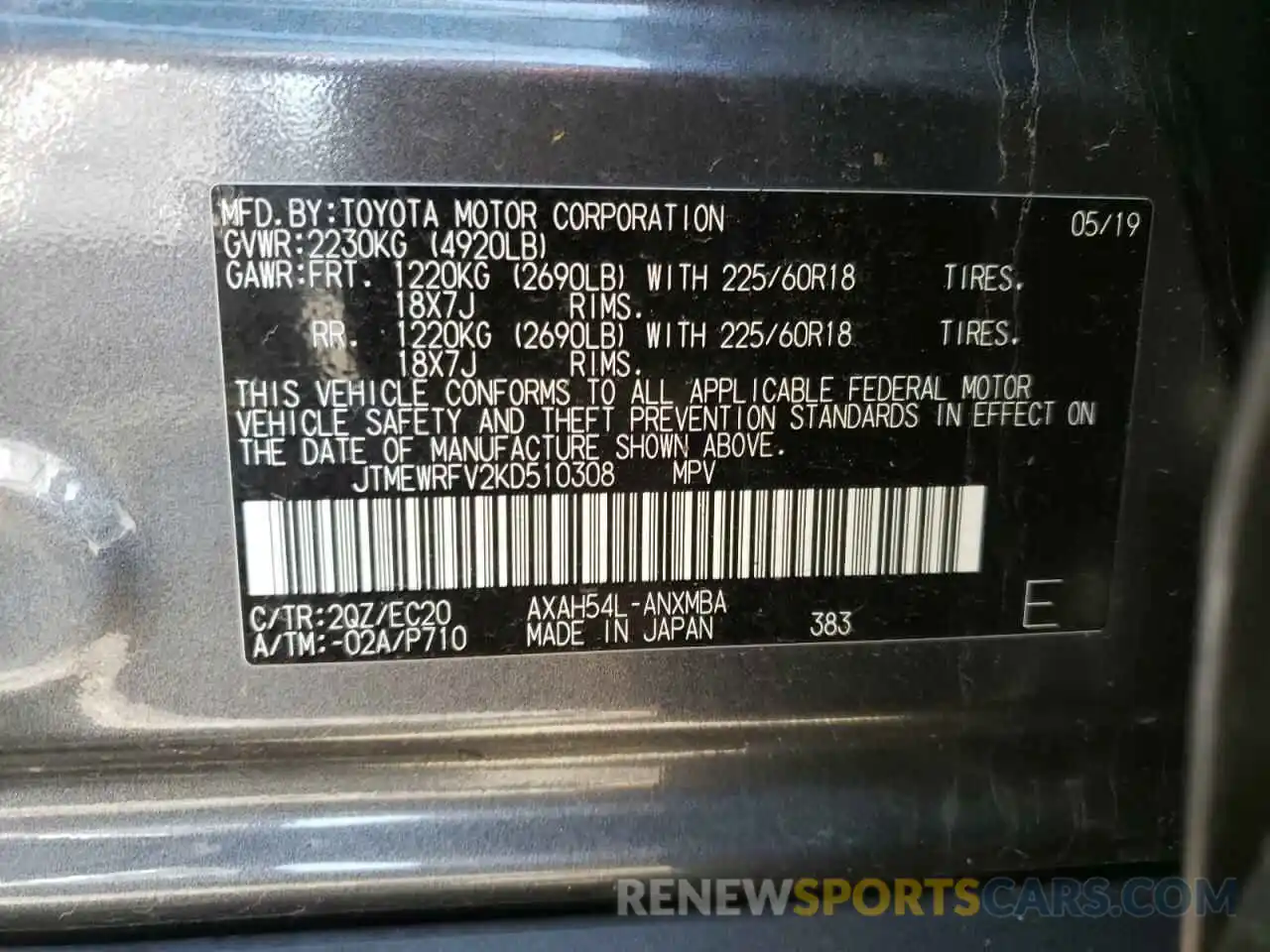 10 Фотография поврежденного автомобиля JTMEWRFV2KD510308 TOYOTA RAV4 2019