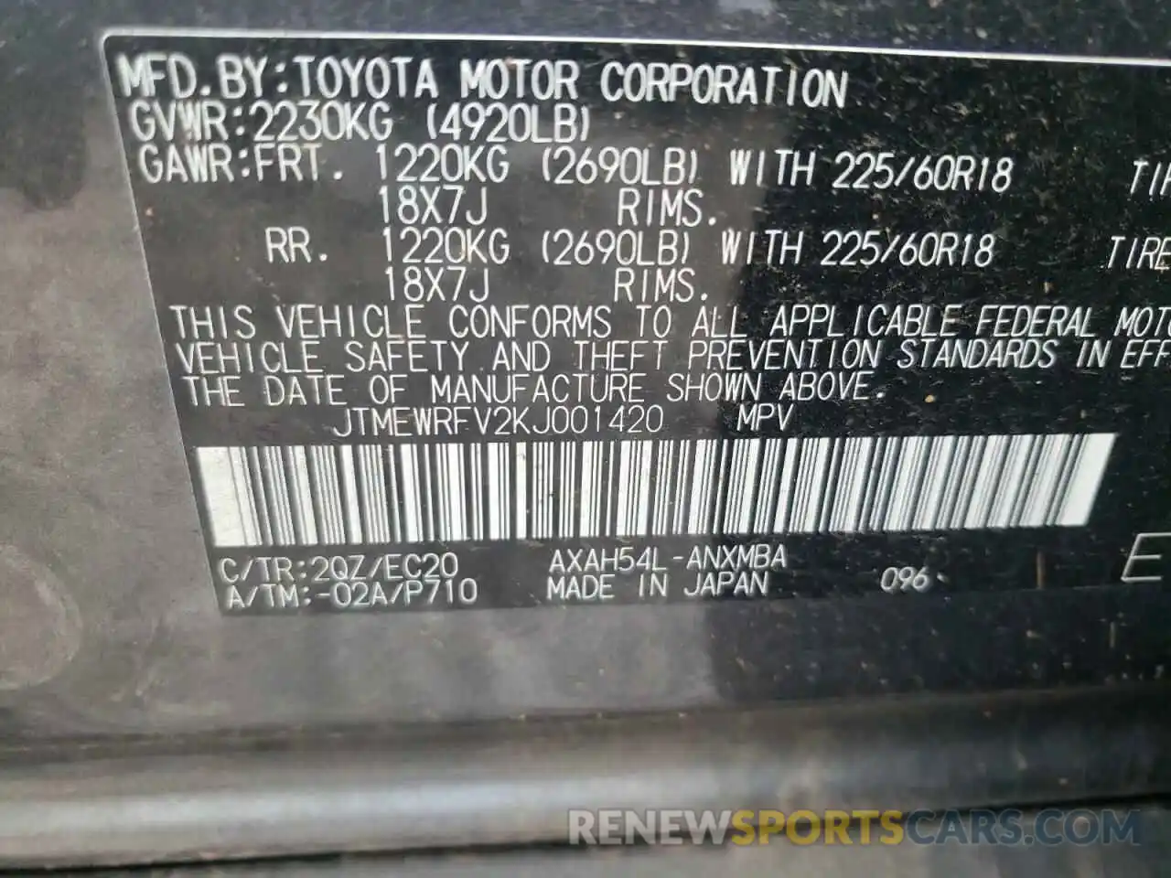 10 Photograph of a damaged car JTMEWRFV2KJ001420 TOYOTA RAV4 2019