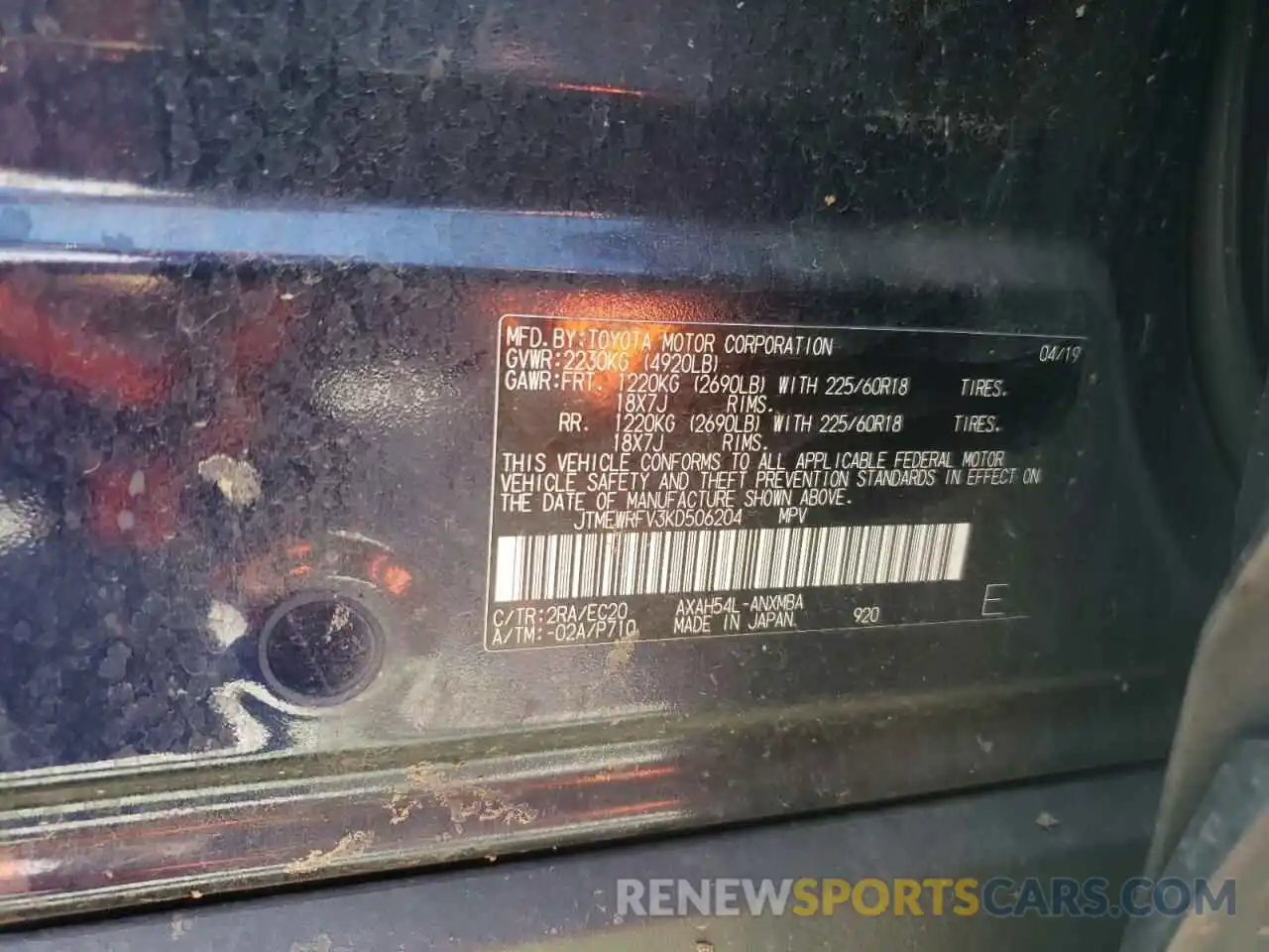 10 Photograph of a damaged car JTMEWRFV3KD506204 TOYOTA RAV4 2019