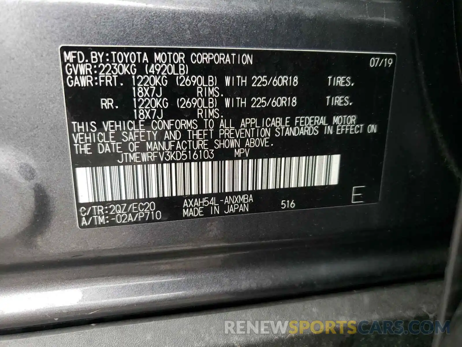 10 Фотография поврежденного автомобиля JTMEWRFV3KD516103 TOYOTA RAV4 2019