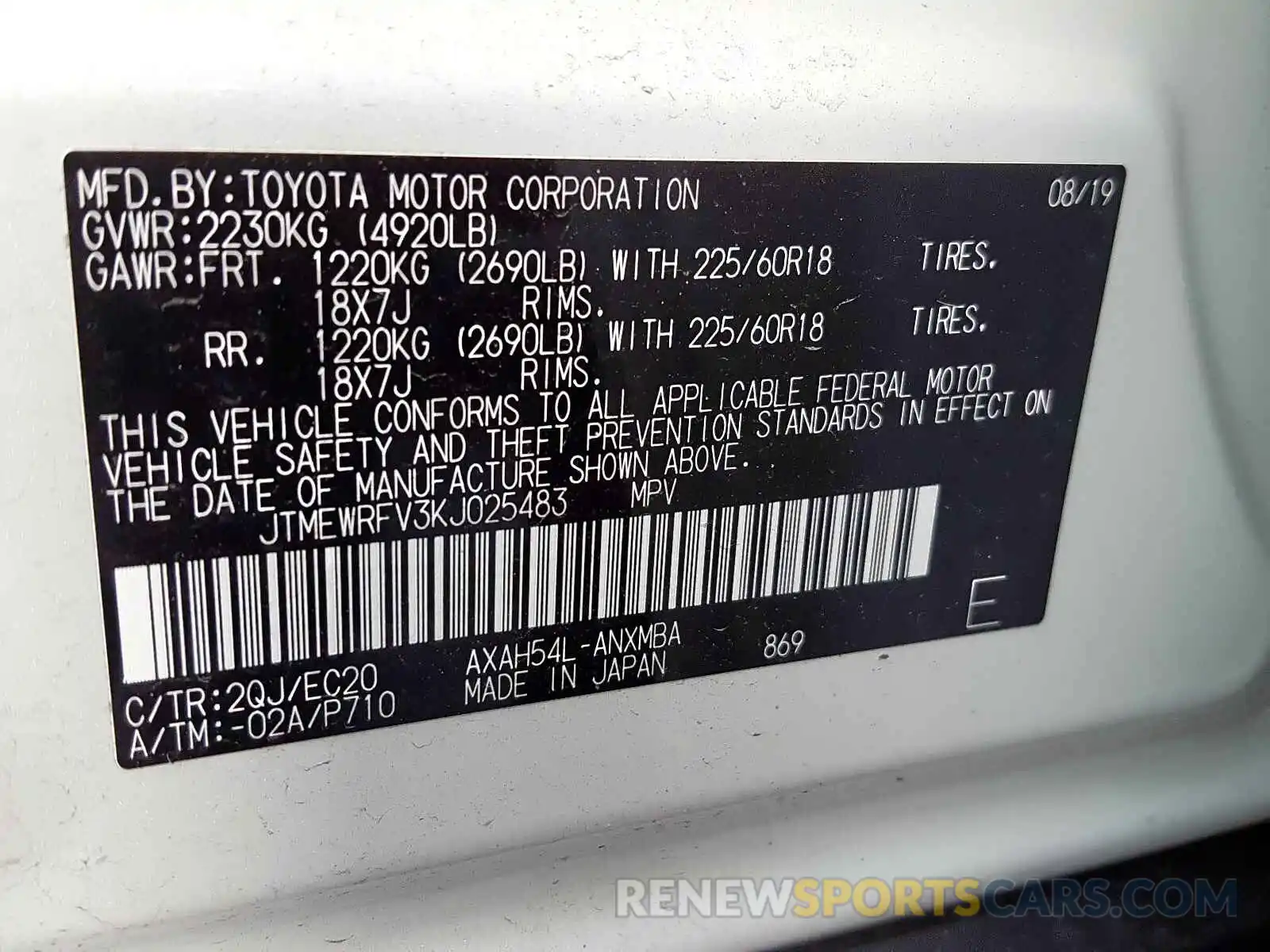 10 Фотография поврежденного автомобиля JTMEWRFV3KJ025483 TOYOTA RAV4 2019