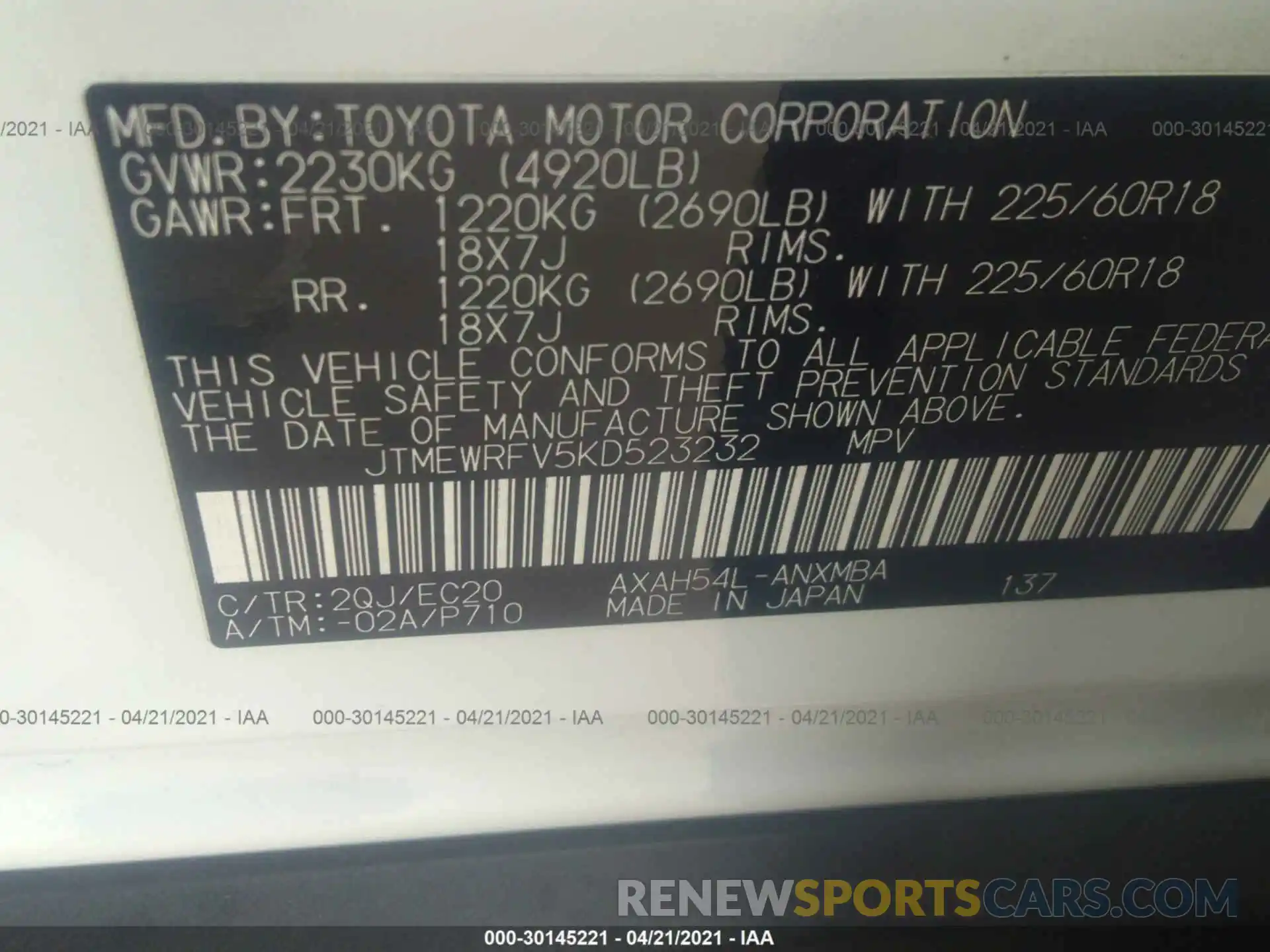 9 Фотография поврежденного автомобиля JTMEWRFV5KD523232 TOYOTA RAV4 2019