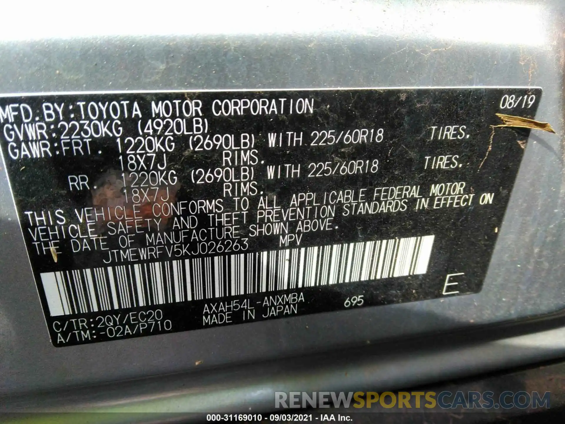 9 Photograph of a damaged car JTMEWRFV5KJ026263 TOYOTA RAV4 2019