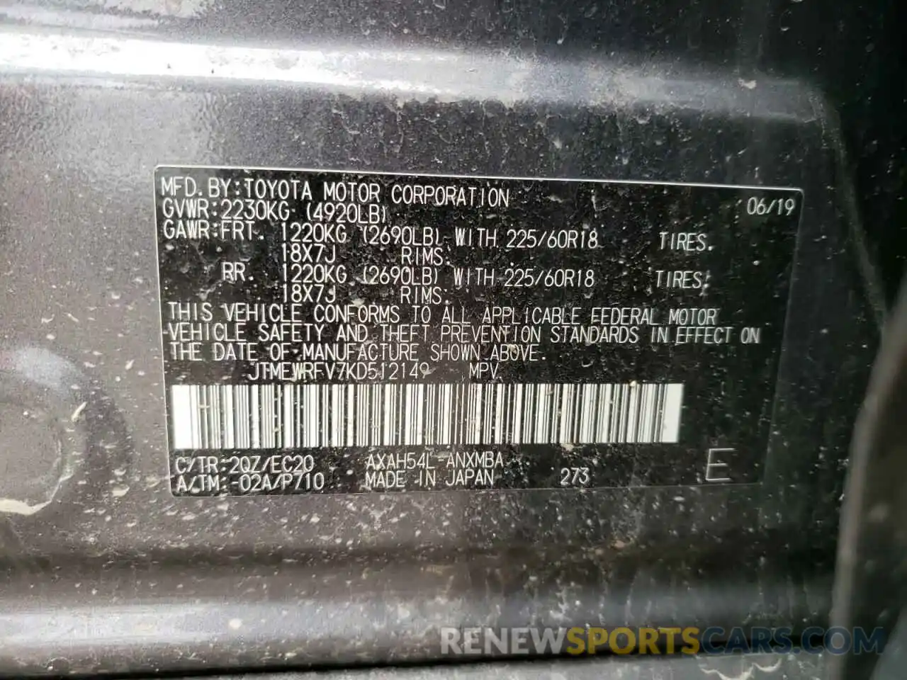 10 Photograph of a damaged car JTMEWRFV7KD512149 TOYOTA RAV4 2019