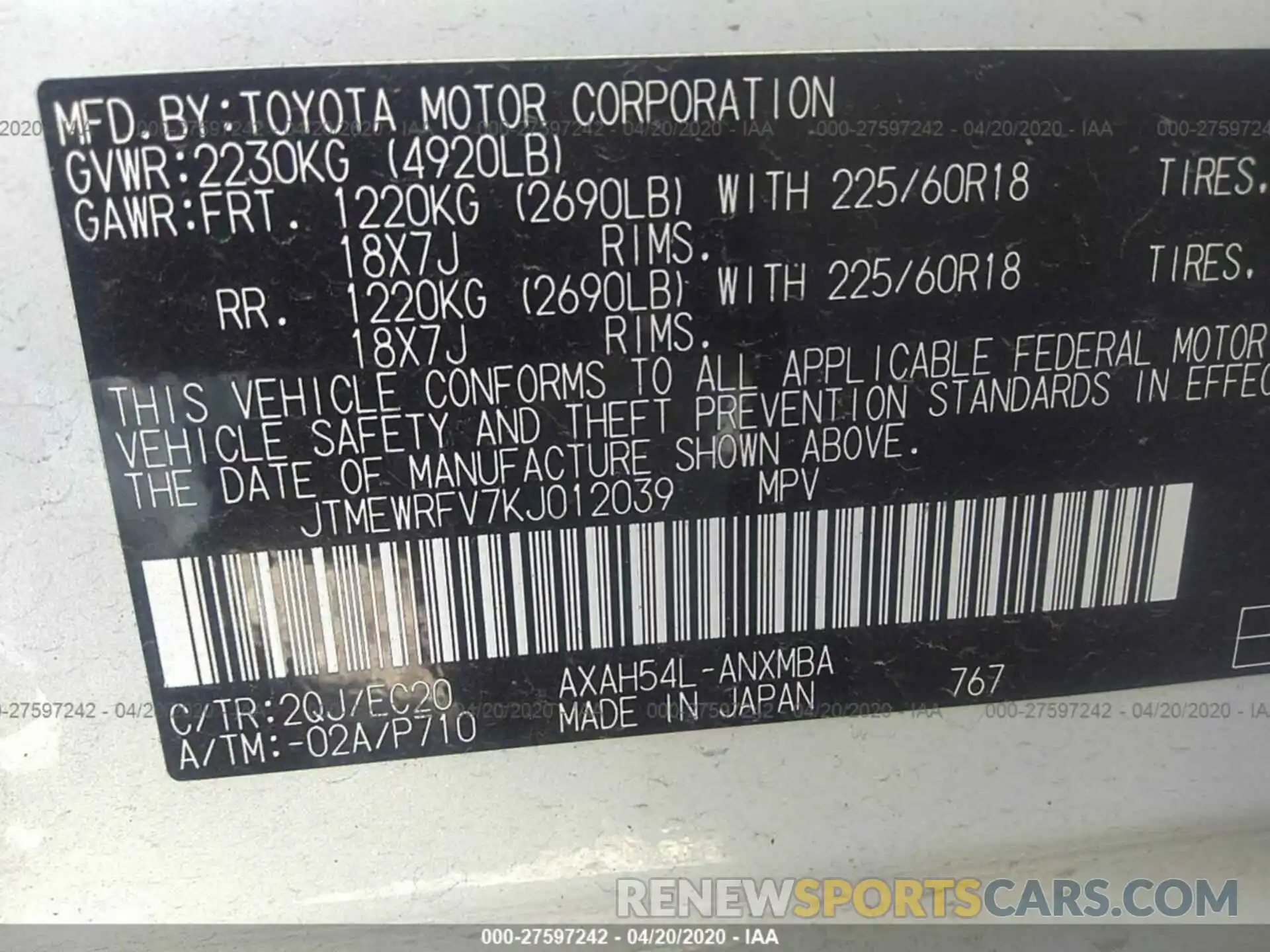 9 Фотография поврежденного автомобиля JTMEWRFV7KJ012039 TOYOTA RAV4 2019