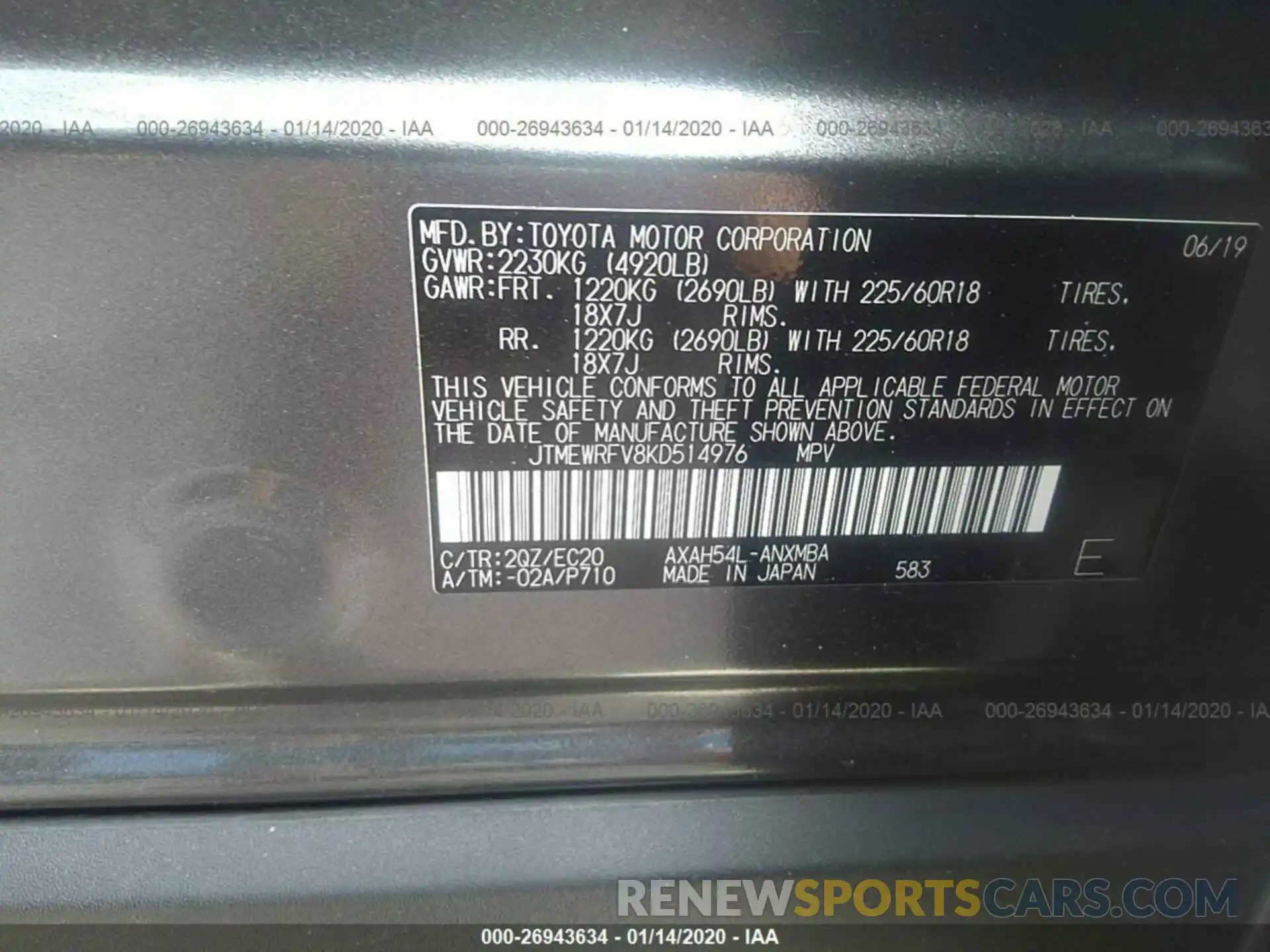 9 Фотография поврежденного автомобиля JTMEWRFV8KD514976 TOYOTA RAV4 2019