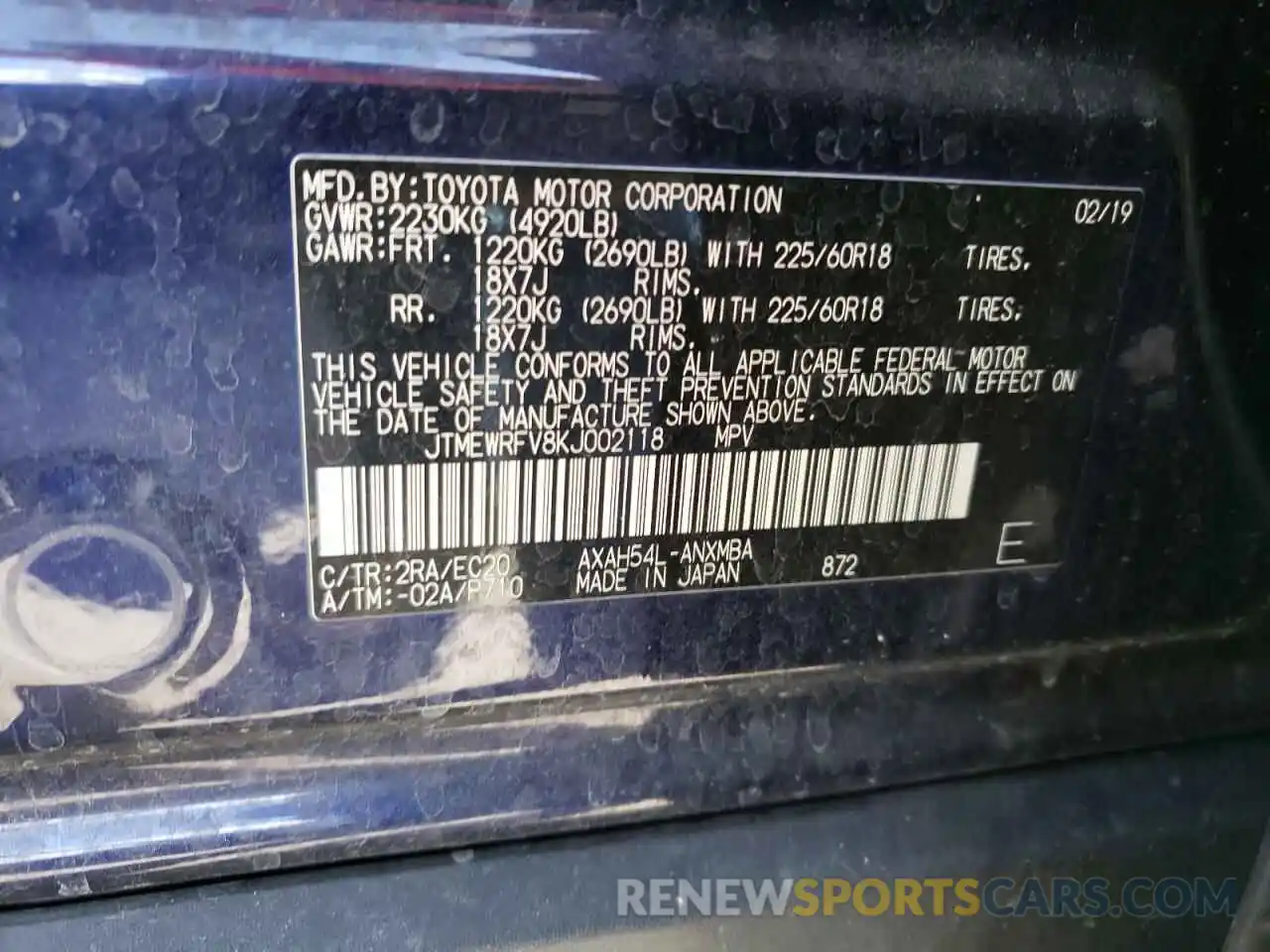 10 Photograph of a damaged car JTMEWRFV8KJ002118 TOYOTA RAV4 2019