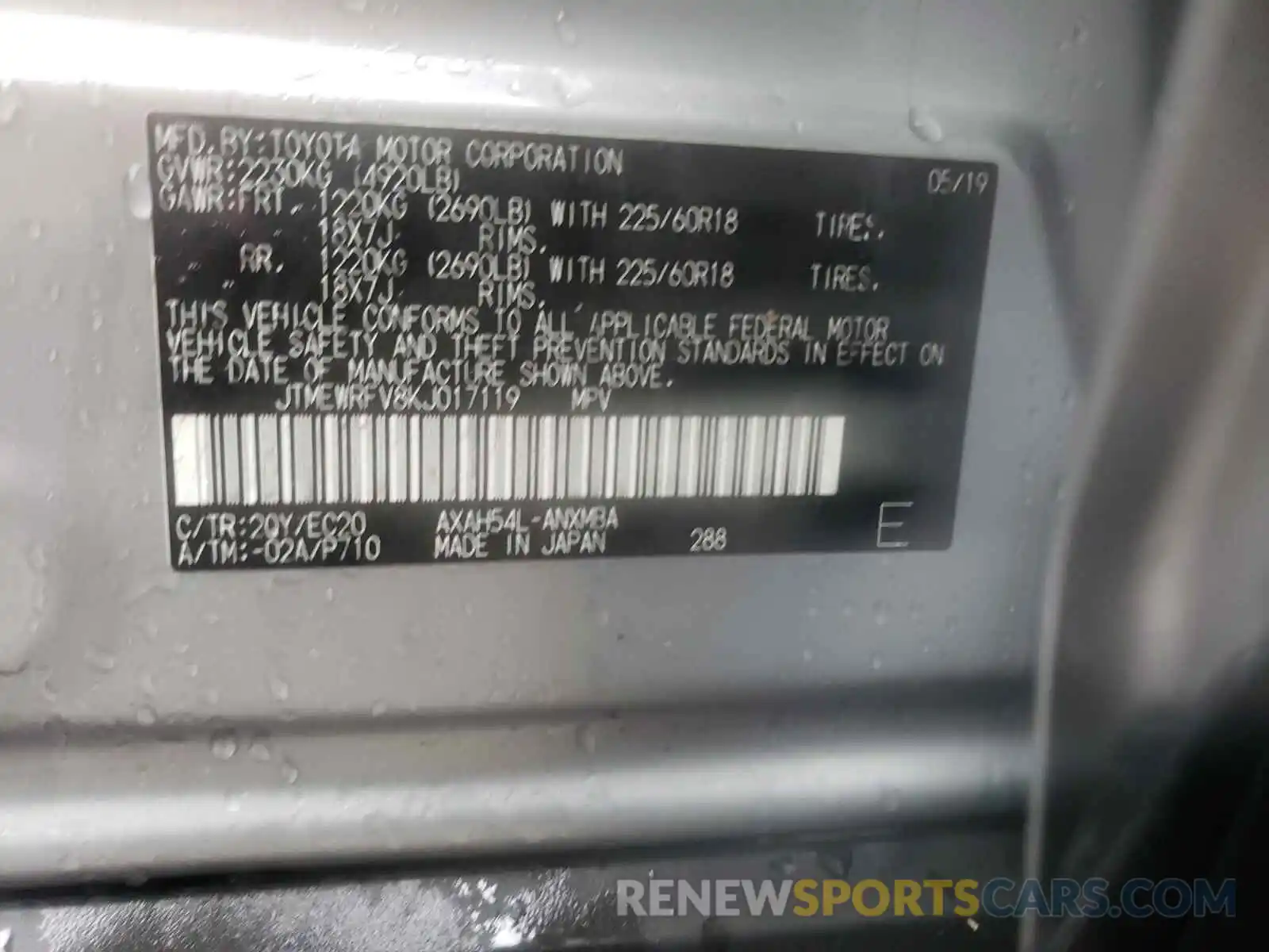 10 Photograph of a damaged car JTMEWRFV8KJ017119 TOYOTA RAV4 2019