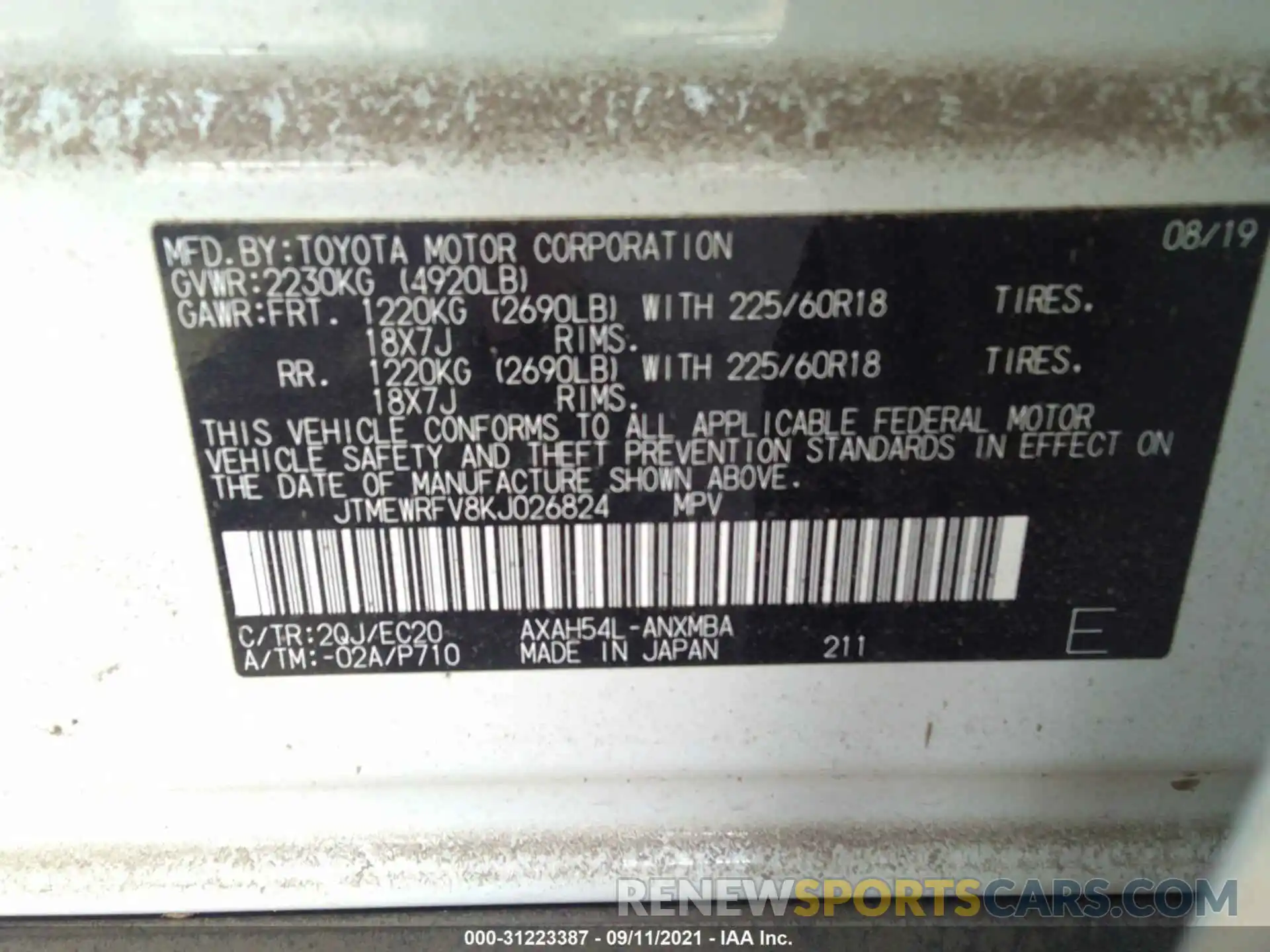 9 Фотография поврежденного автомобиля JTMEWRFV8KJ026824 TOYOTA RAV4 2019