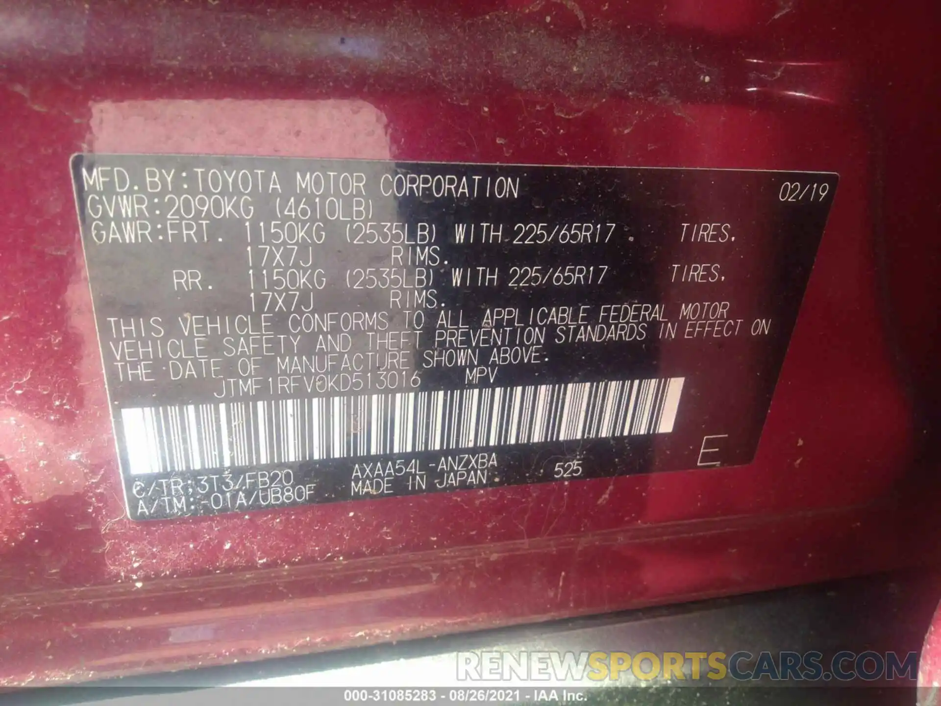 9 Фотография поврежденного автомобиля JTMF1RFV0KD513016 TOYOTA RAV4 2019