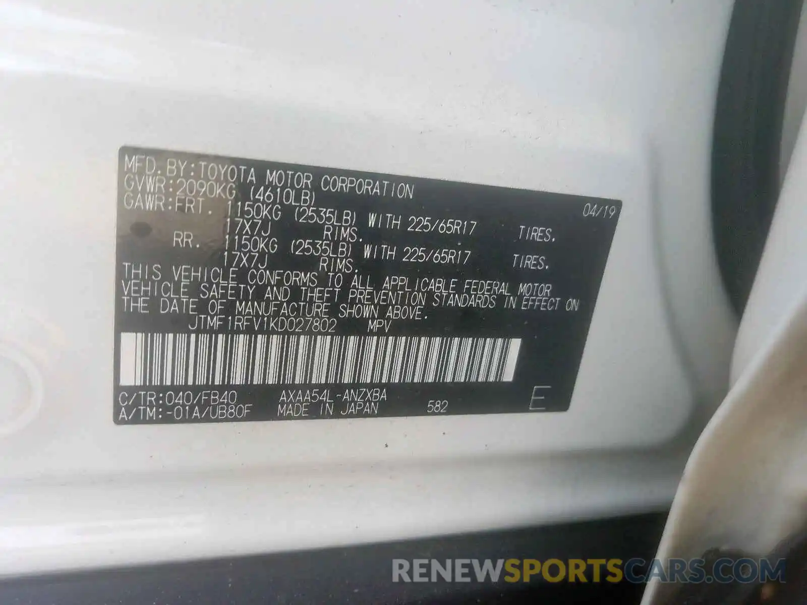 10 Photograph of a damaged car JTMF1RFV1KD027802 TOYOTA RAV4 2019