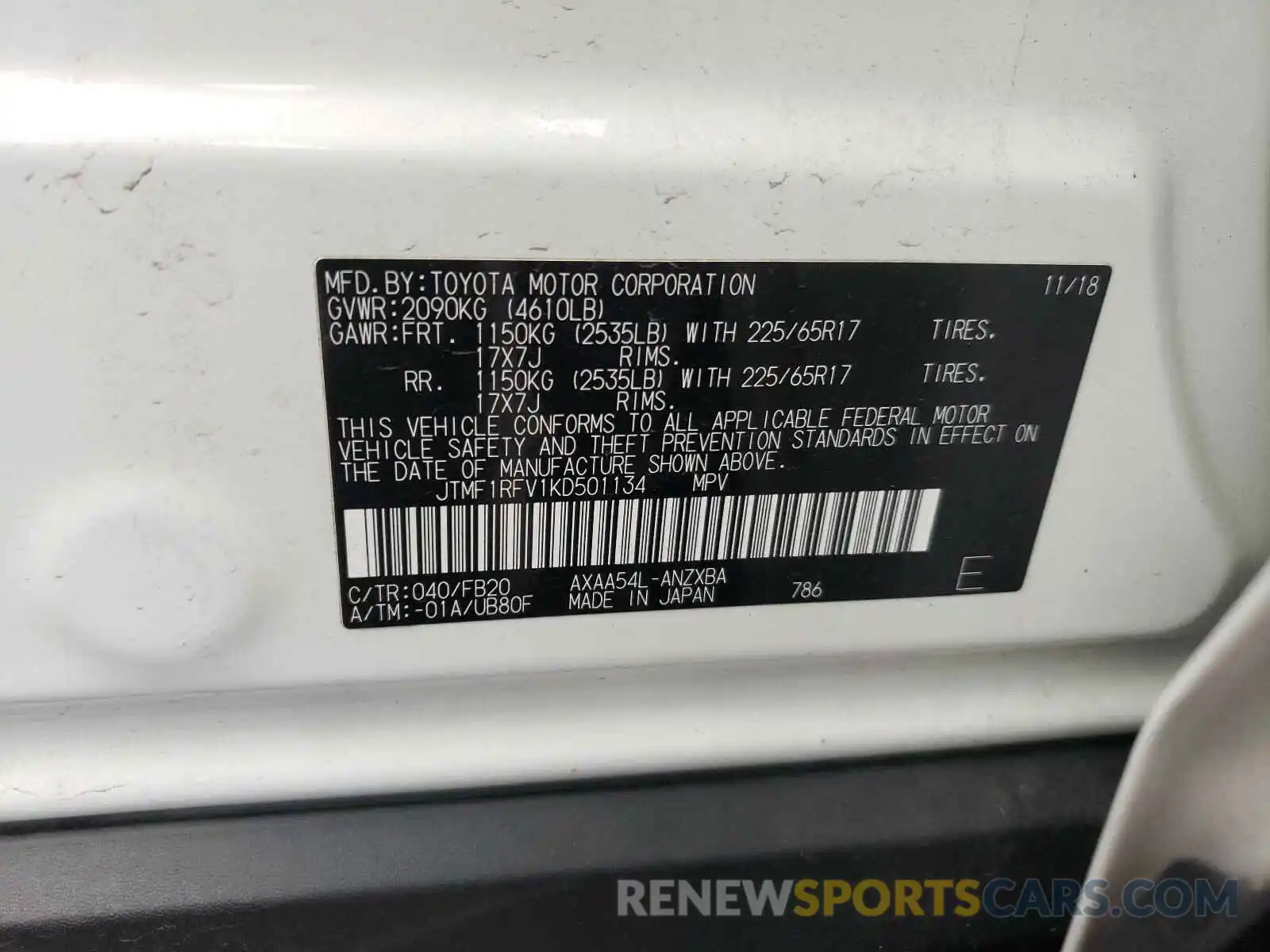 10 Фотография поврежденного автомобиля JTMF1RFV1KD501134 TOYOTA RAV4 2019