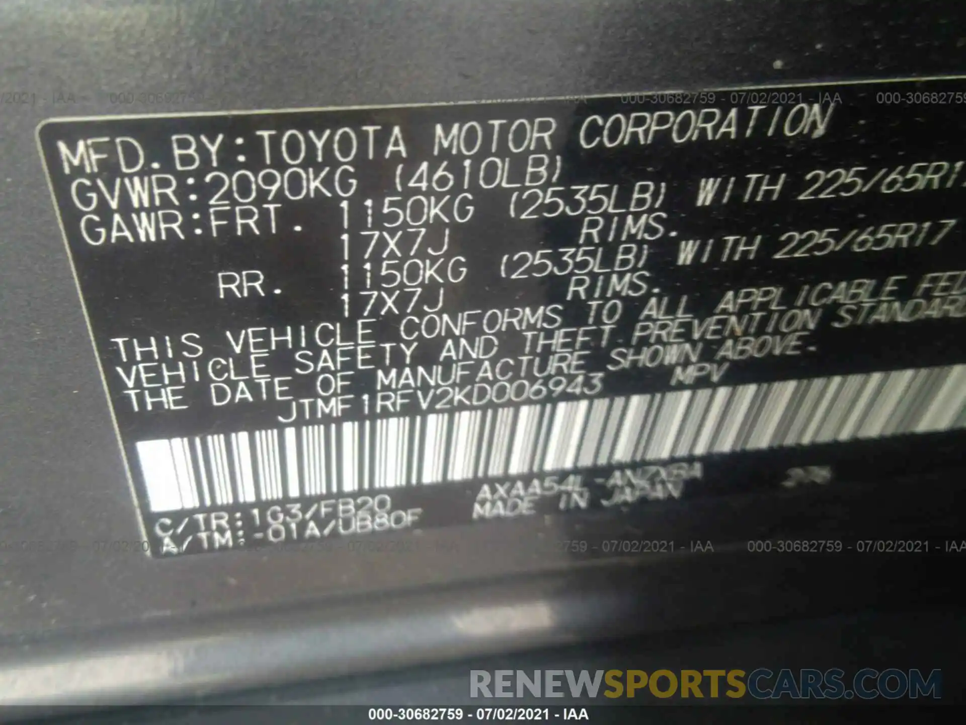 9 Фотография поврежденного автомобиля JTMF1RFV2KD006943 TOYOTA RAV4 2019