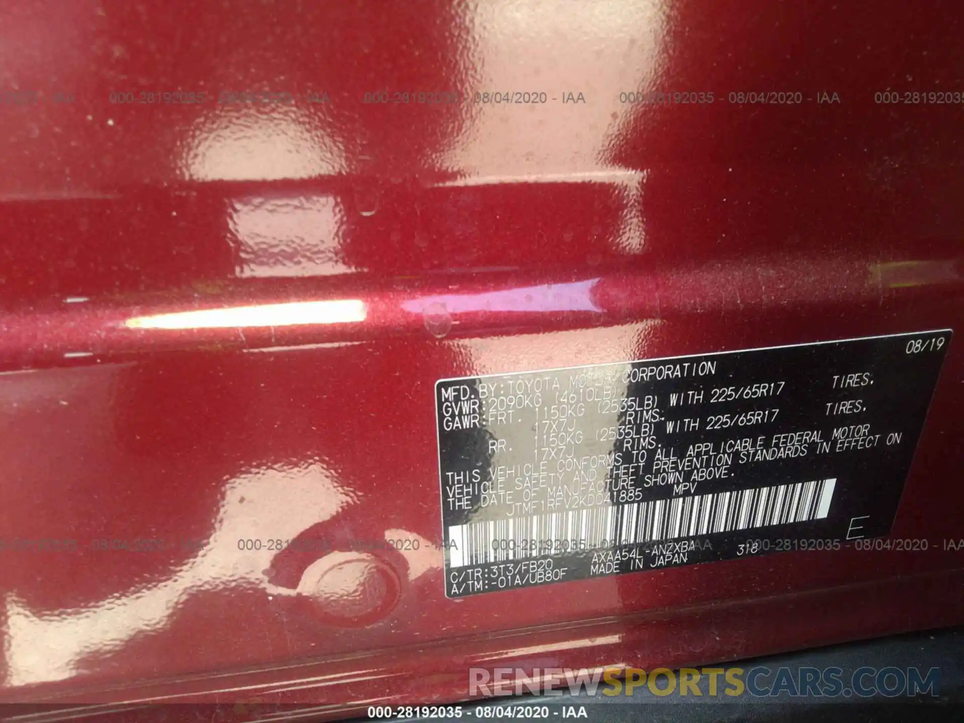 9 Photograph of a damaged car JTMF1RFV2KD041885 TOYOTA RAV4 2019