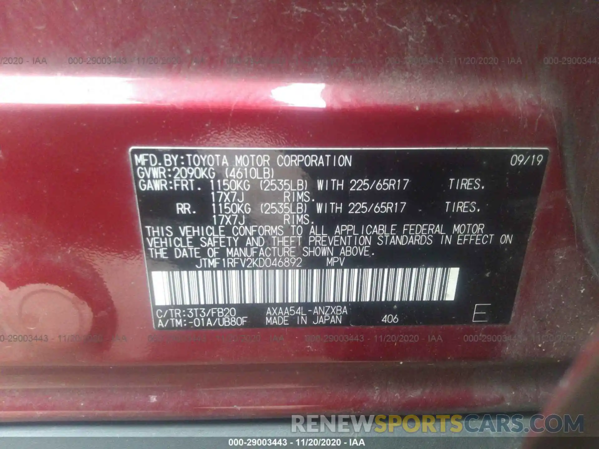 9 Фотография поврежденного автомобиля JTMF1RFV2KD046892 TOYOTA RAV4 2019