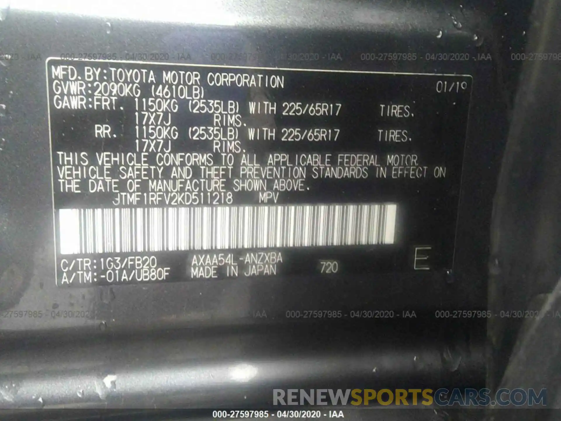 9 Фотография поврежденного автомобиля JTMF1RFV2KD511218 TOYOTA RAV4 2019