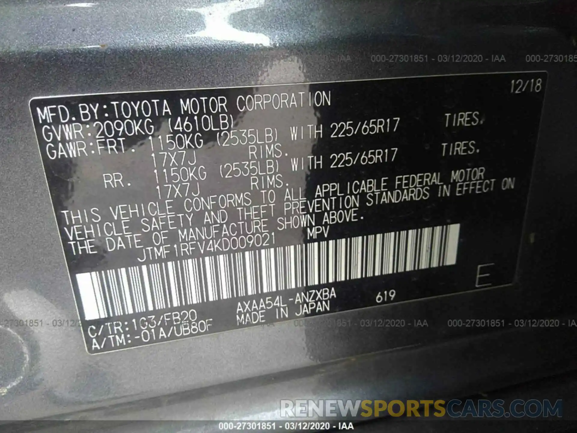 9 Фотография поврежденного автомобиля JTMF1RFV4KD009021 TOYOTA RAV4 2019