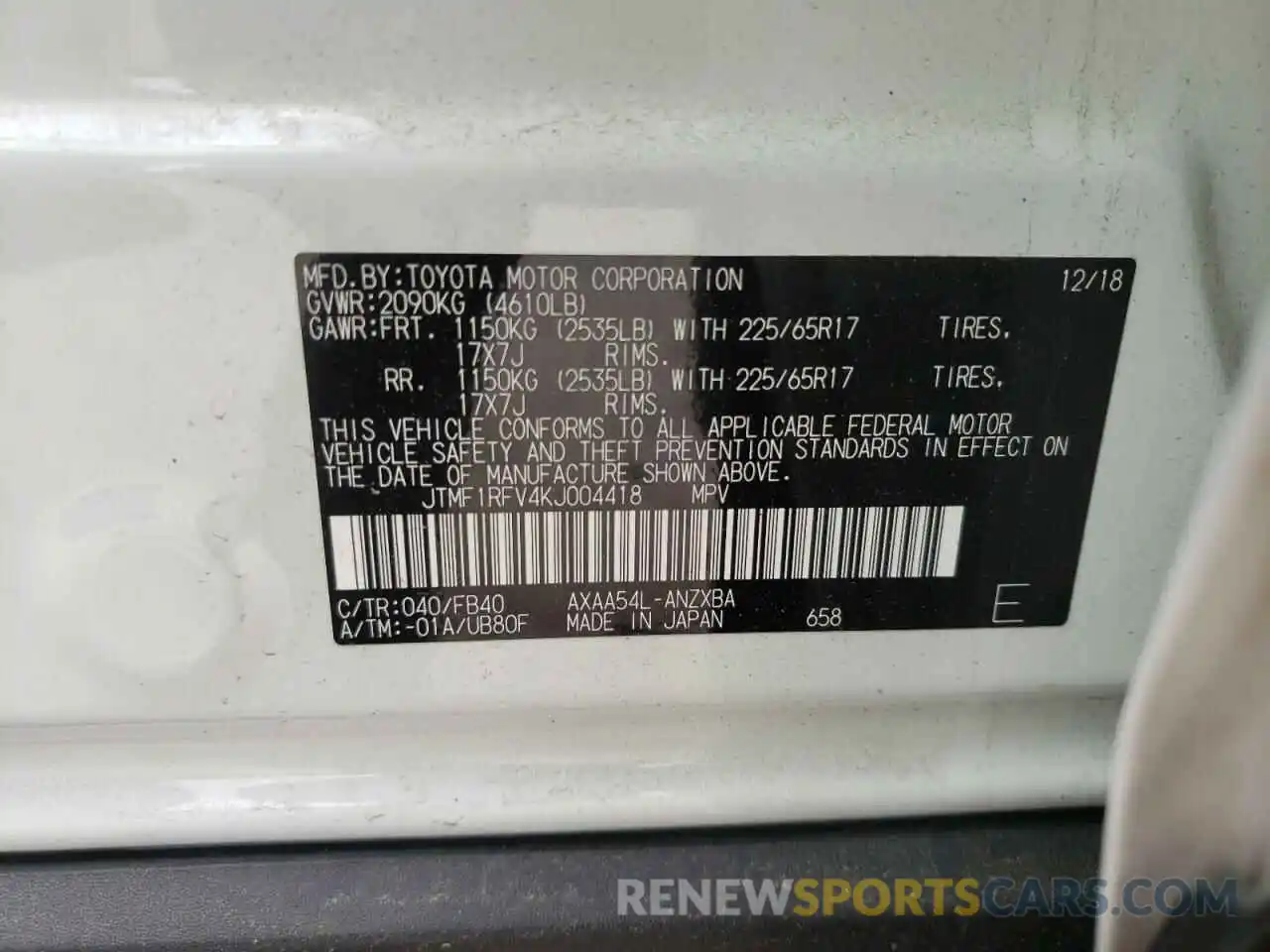 10 Photograph of a damaged car JTMF1RFV4KJ004418 TOYOTA RAV4 2019