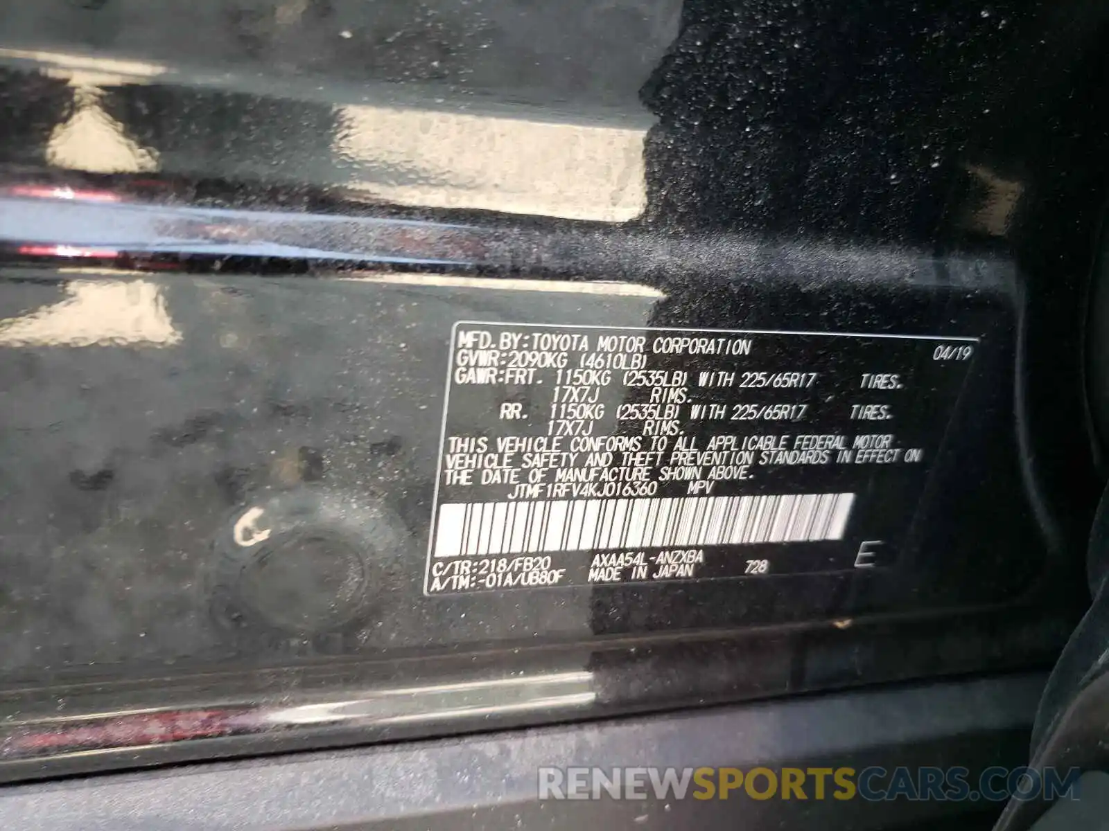 10 Photograph of a damaged car JTMF1RFV4KJ016360 TOYOTA RAV4 2019