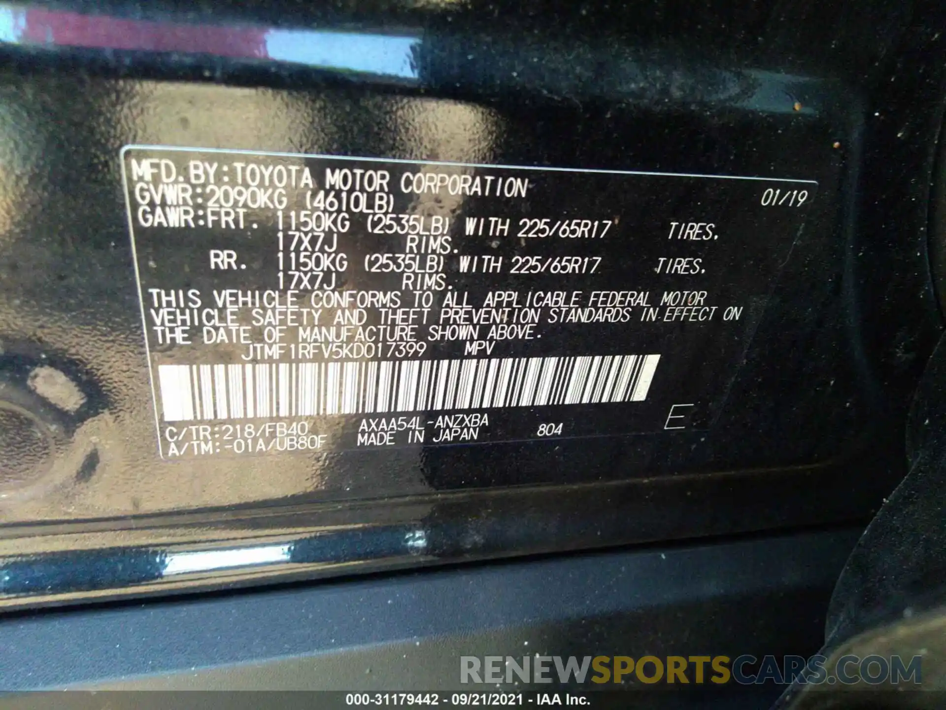 9 Фотография поврежденного автомобиля JTMF1RFV5KD017399 TOYOTA RAV4 2019