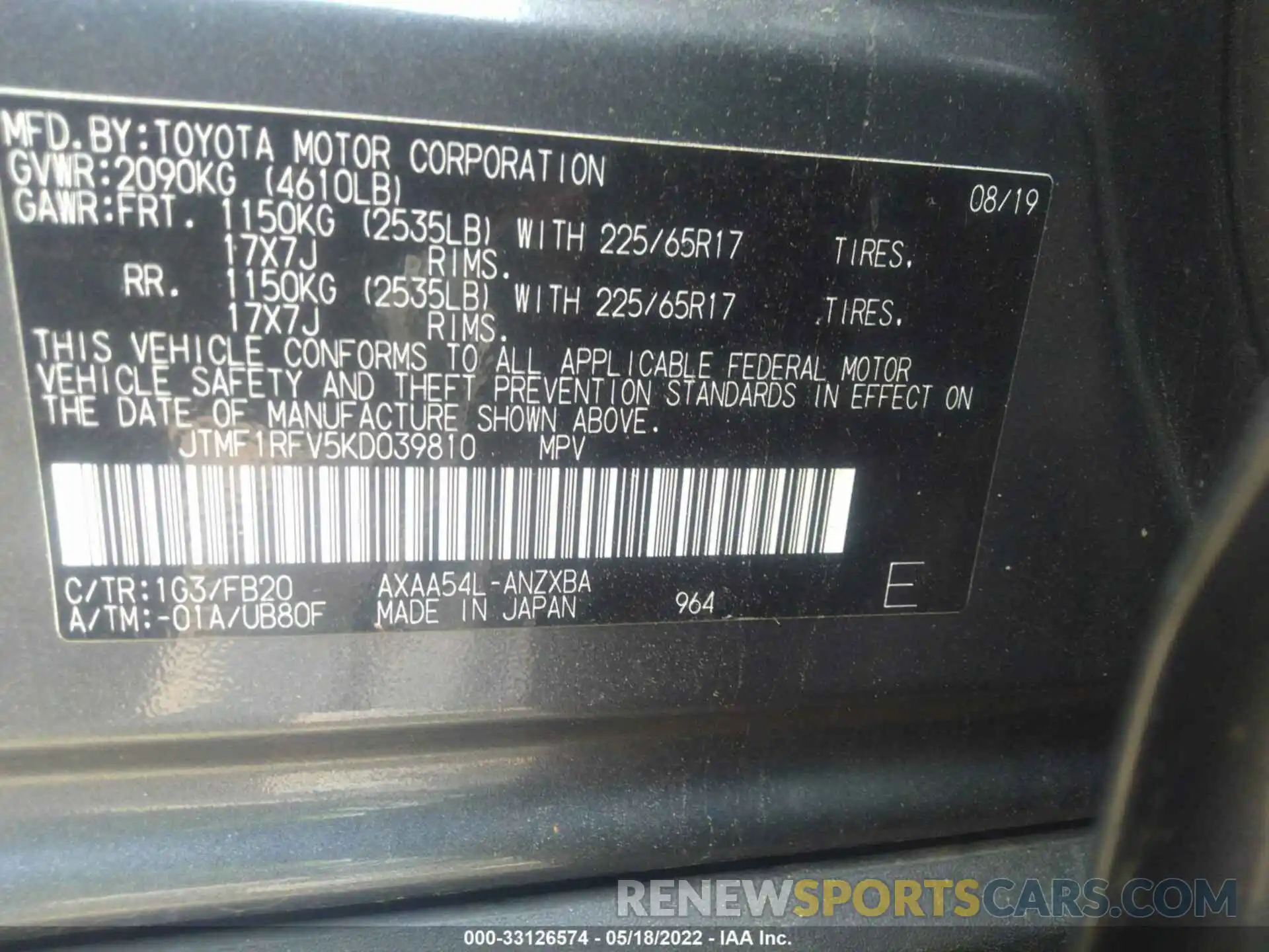 9 Фотография поврежденного автомобиля JTMF1RFV5KD039810 TOYOTA RAV4 2019