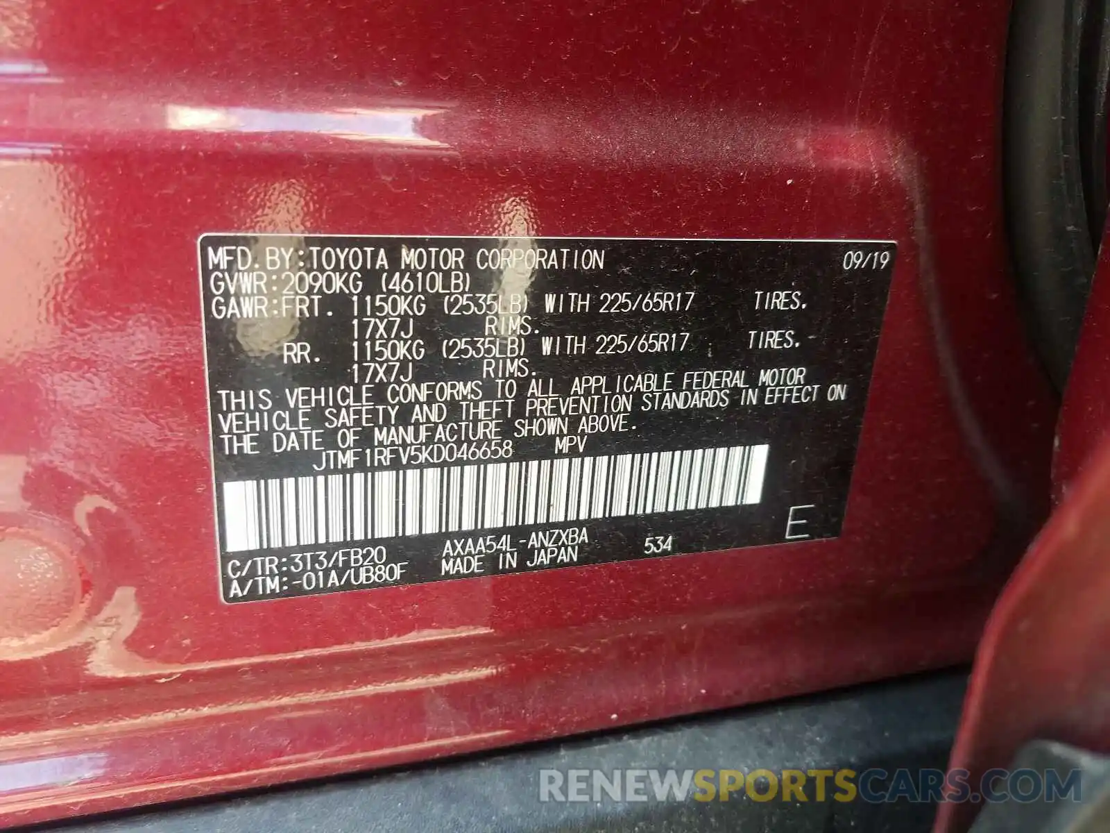 10 Photograph of a damaged car JTMF1RFV5KD046658 TOYOTA RAV4 2019