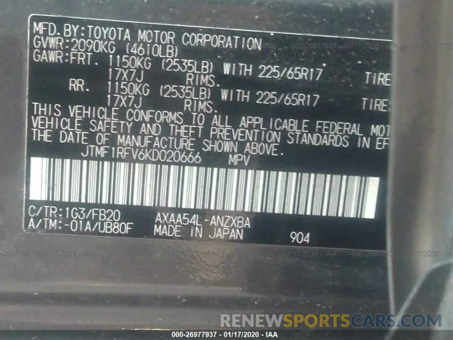 9 Фотография поврежденного автомобиля JTMF1RFV6KD020666 TOYOTA RAV4 2019