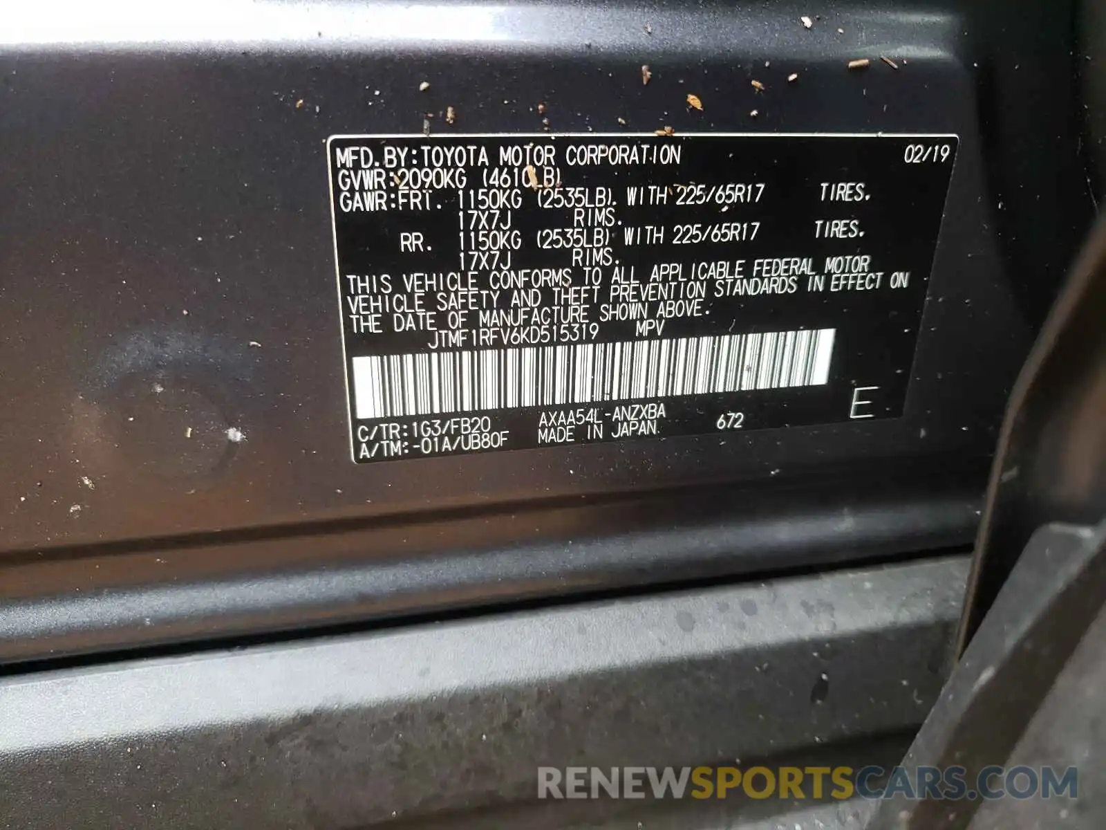 10 Photograph of a damaged car JTMF1RFV6KD515319 TOYOTA RAV4 2019